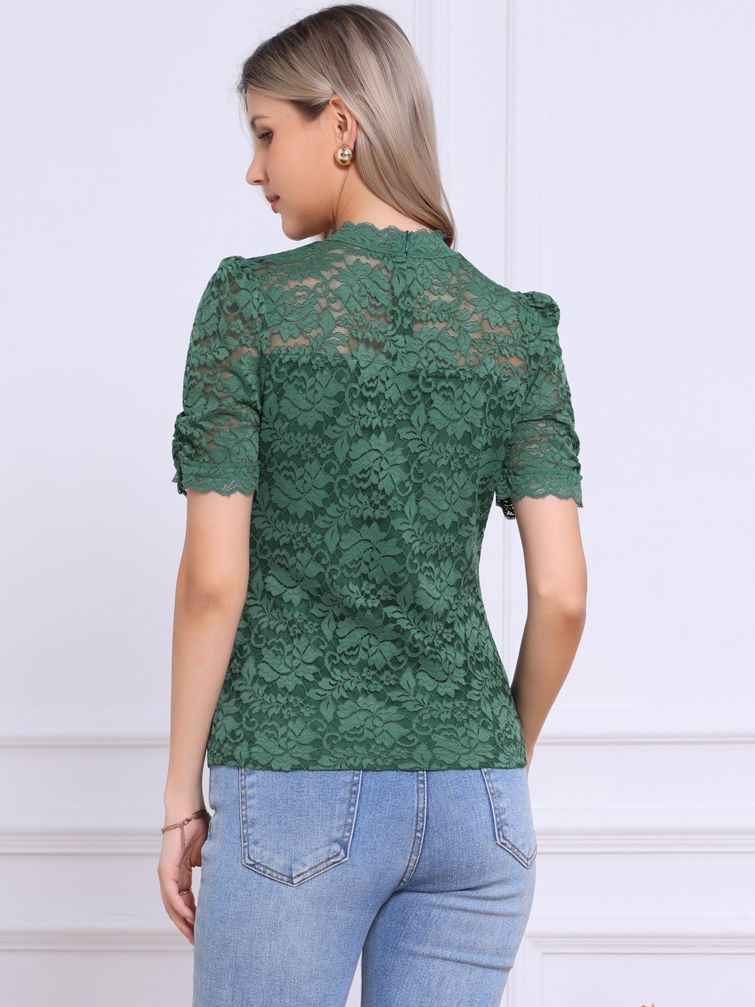 Floral Lace Mock Neck Puff Short Sleeve Blouse
