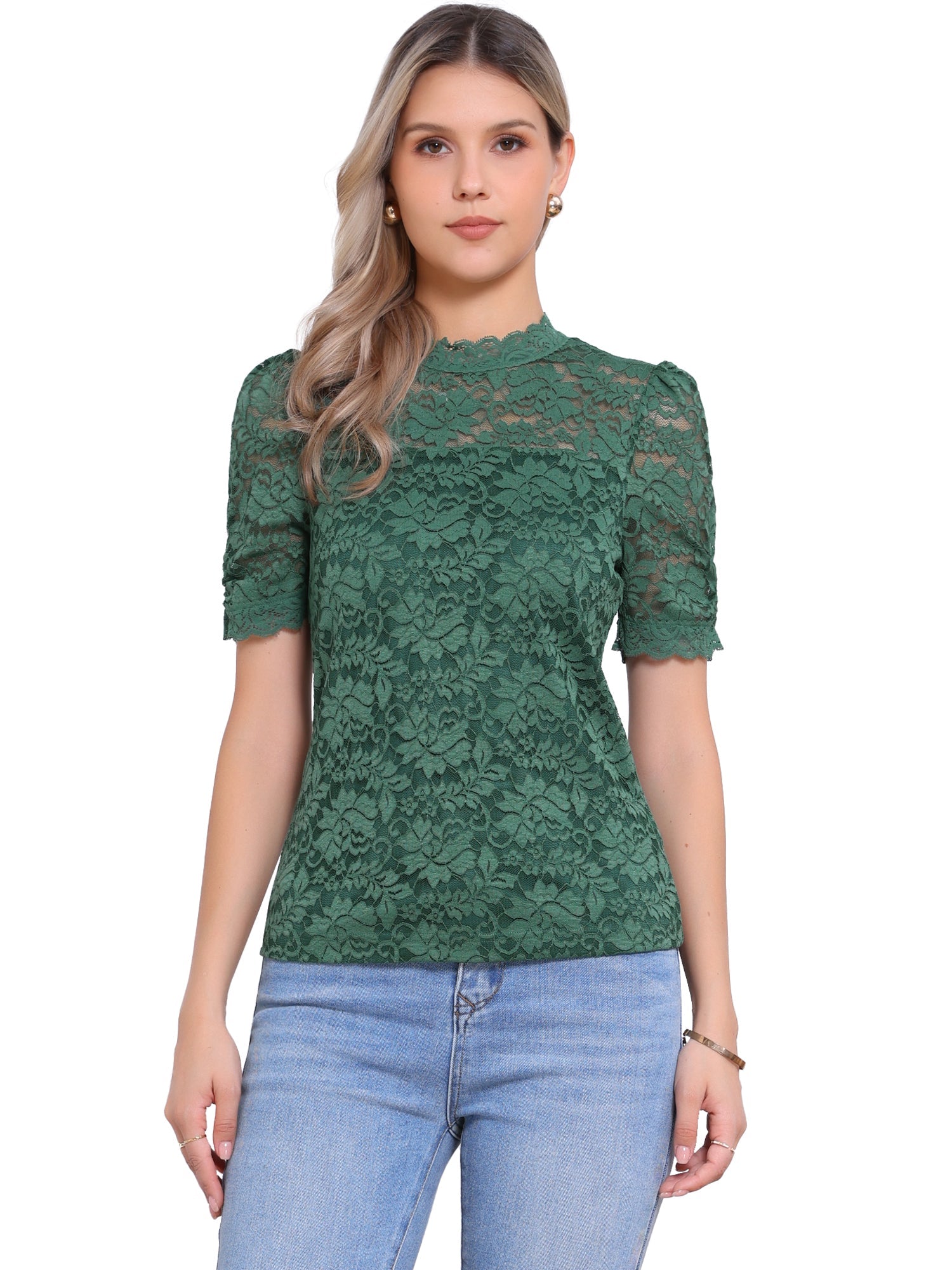 Floral Lace Mock Neck Puff Short Sleeve Blouse