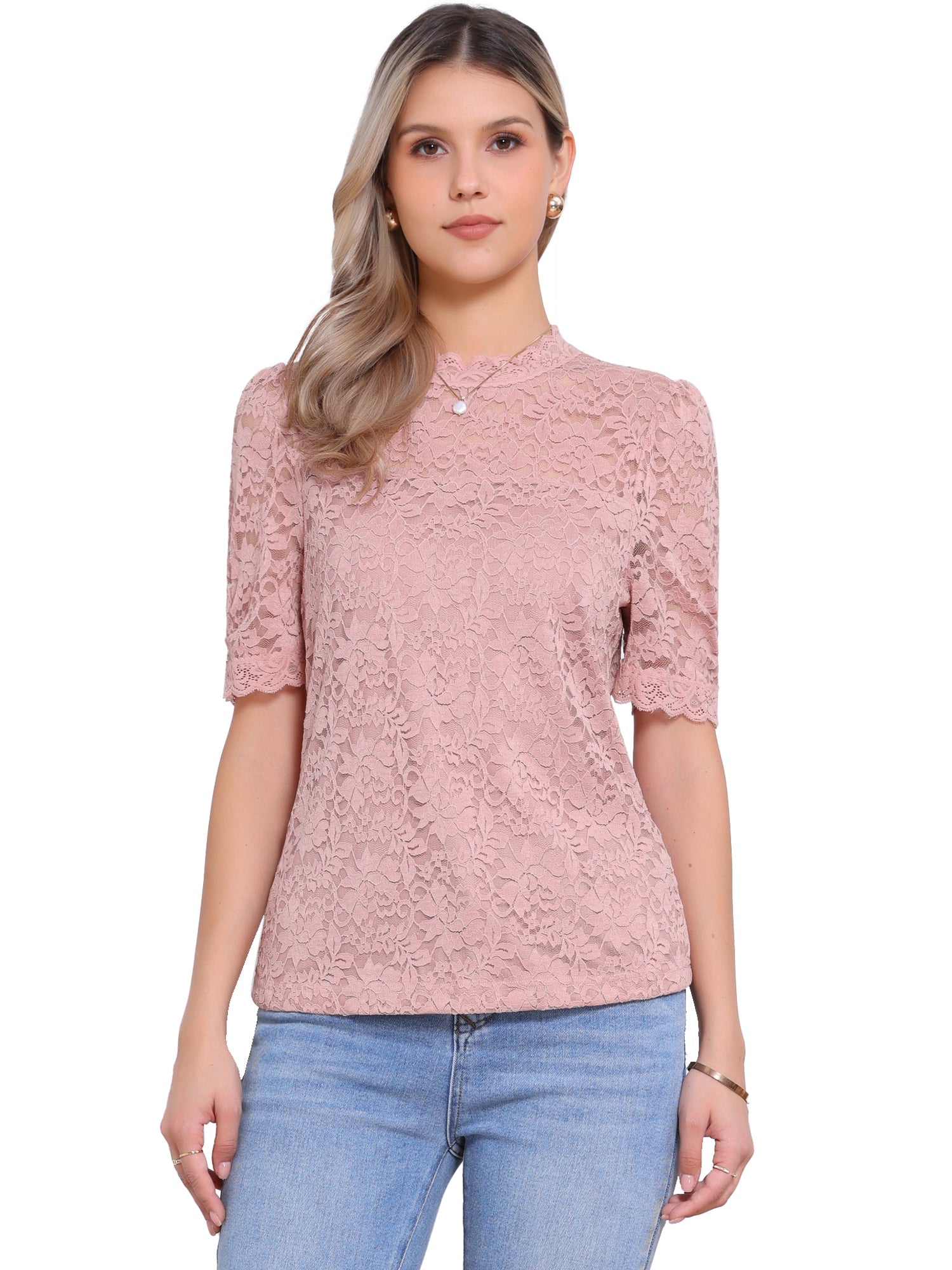 Floral Lace Mock Neck Puff Short Sleeve Blouse