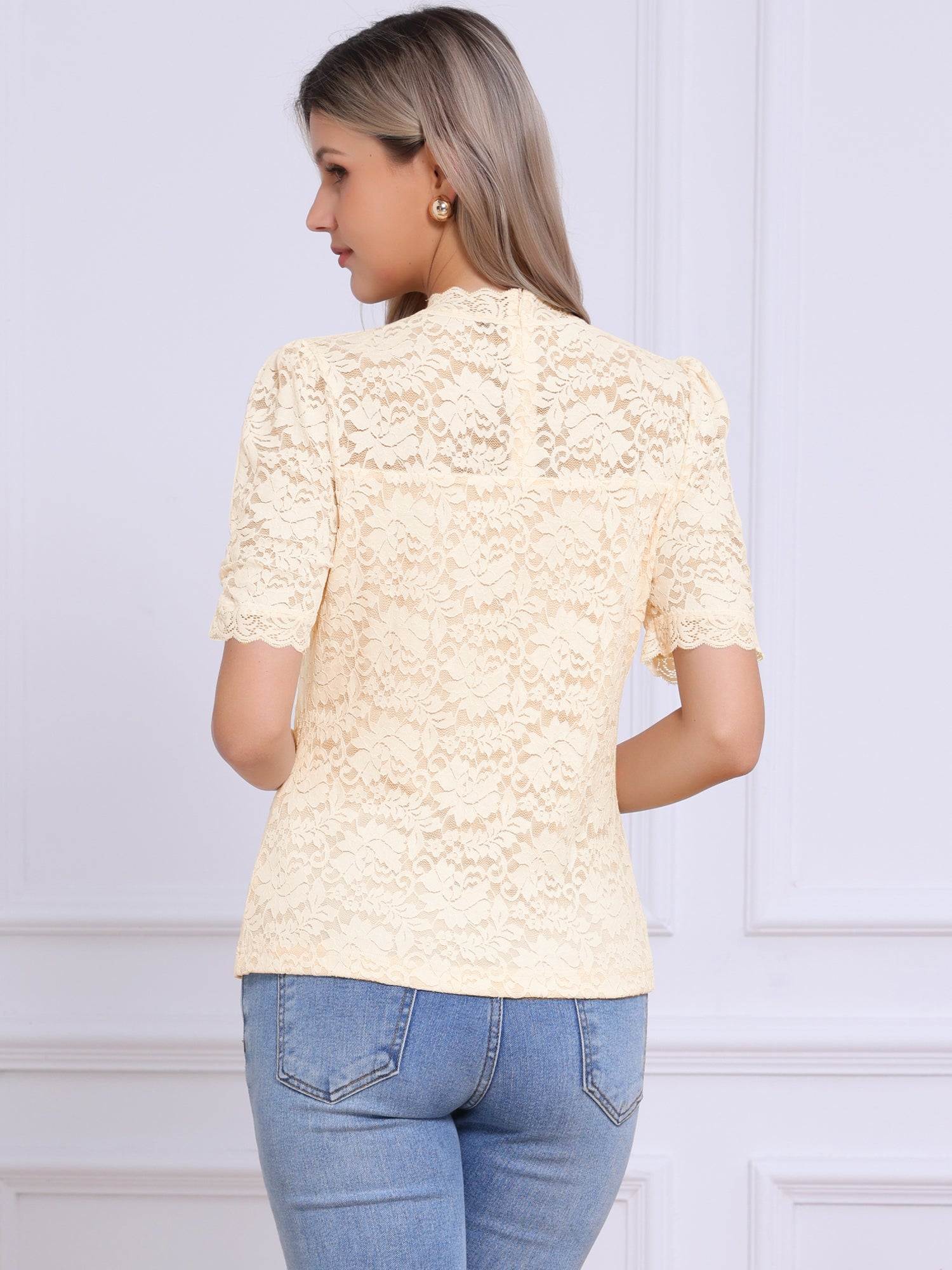 Floral Lace Mock Neck Puff Short Sleeve Blouse
