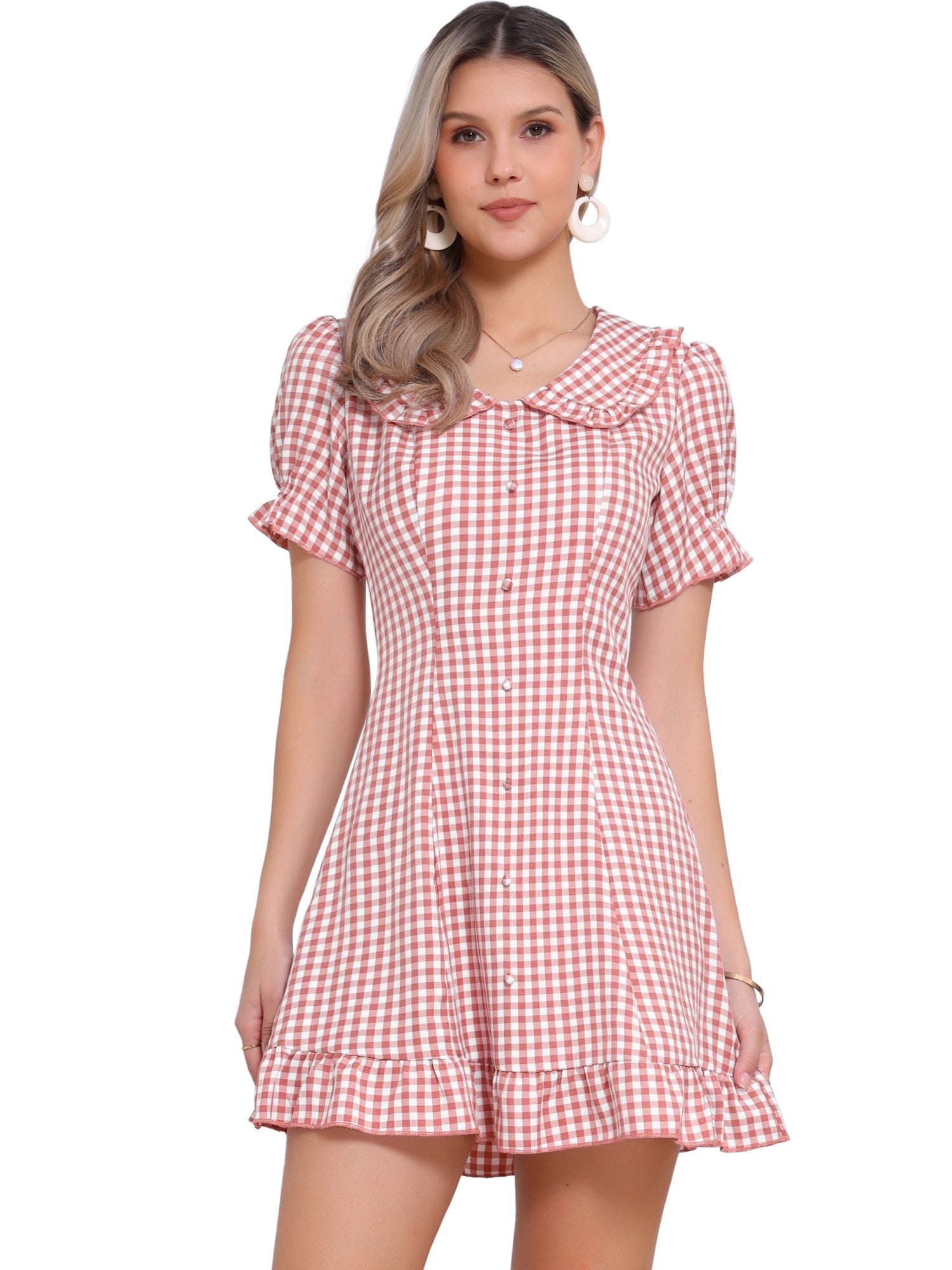 Gingham Checks Ruffled Peter Pan Collar 1960s Vintage Mini Dress