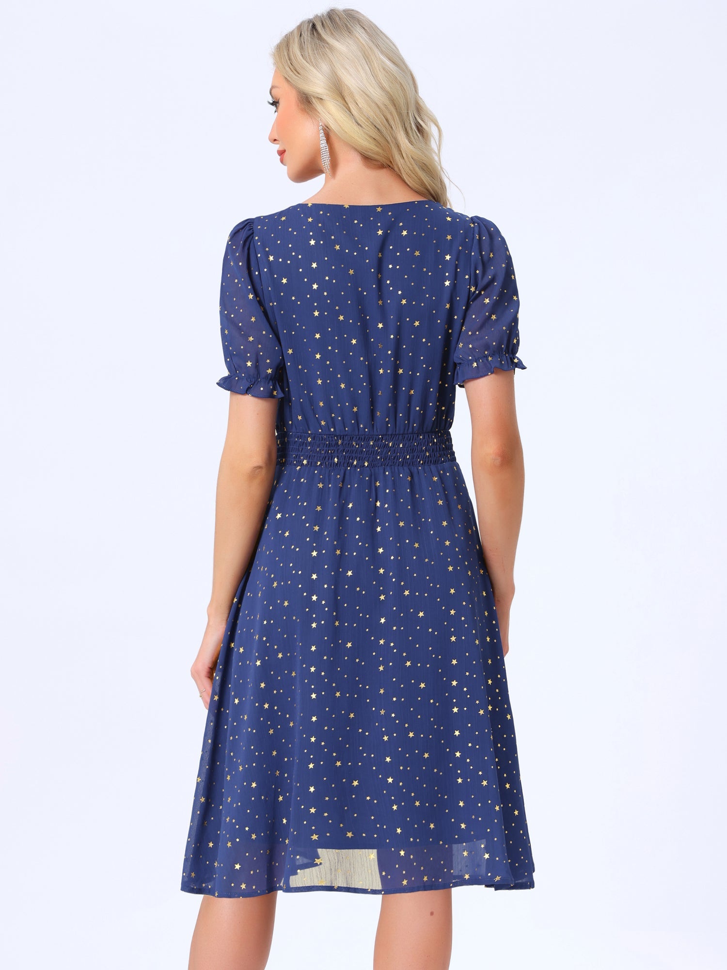 Square Neck Metallic Stars Ruffle Short Sleeve A-Line Smocked Waist Midi Dress
