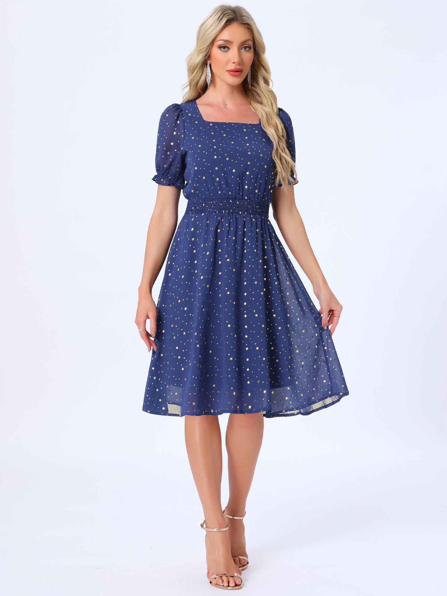 Square Neck Metallic Stars Ruffle Short Sleeve A-Line Smocked Waist Midi Dress