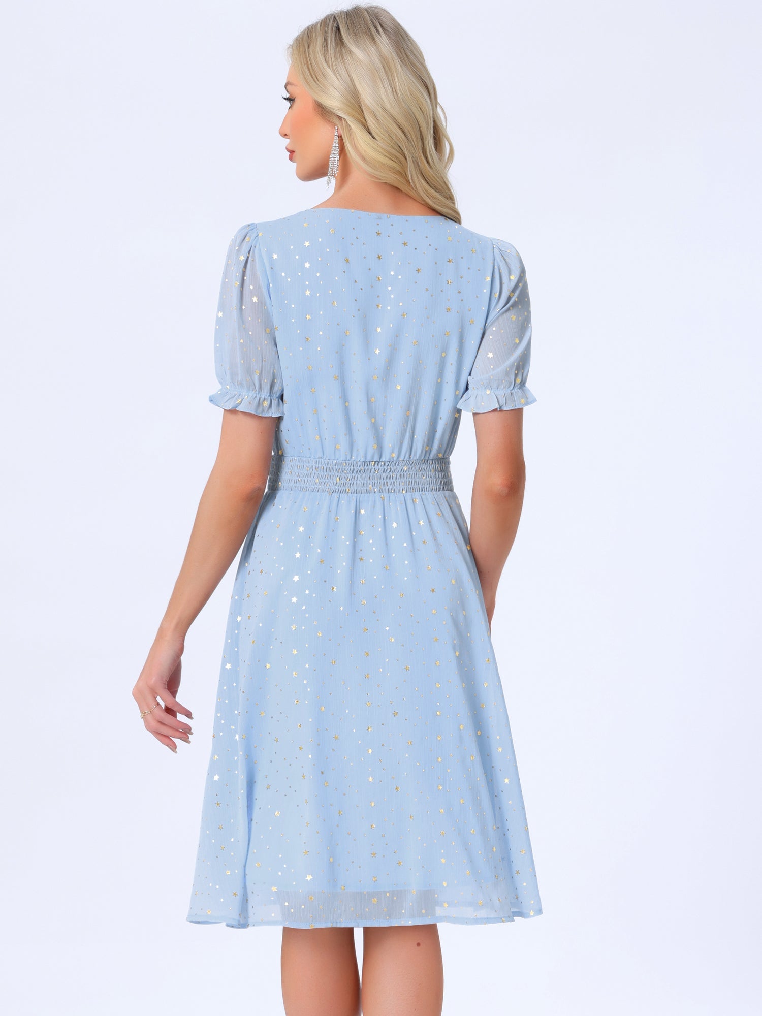 Square Neck Metallic Stars Ruffle Short Sleeve A-Line Smocked Waist Midi Dress