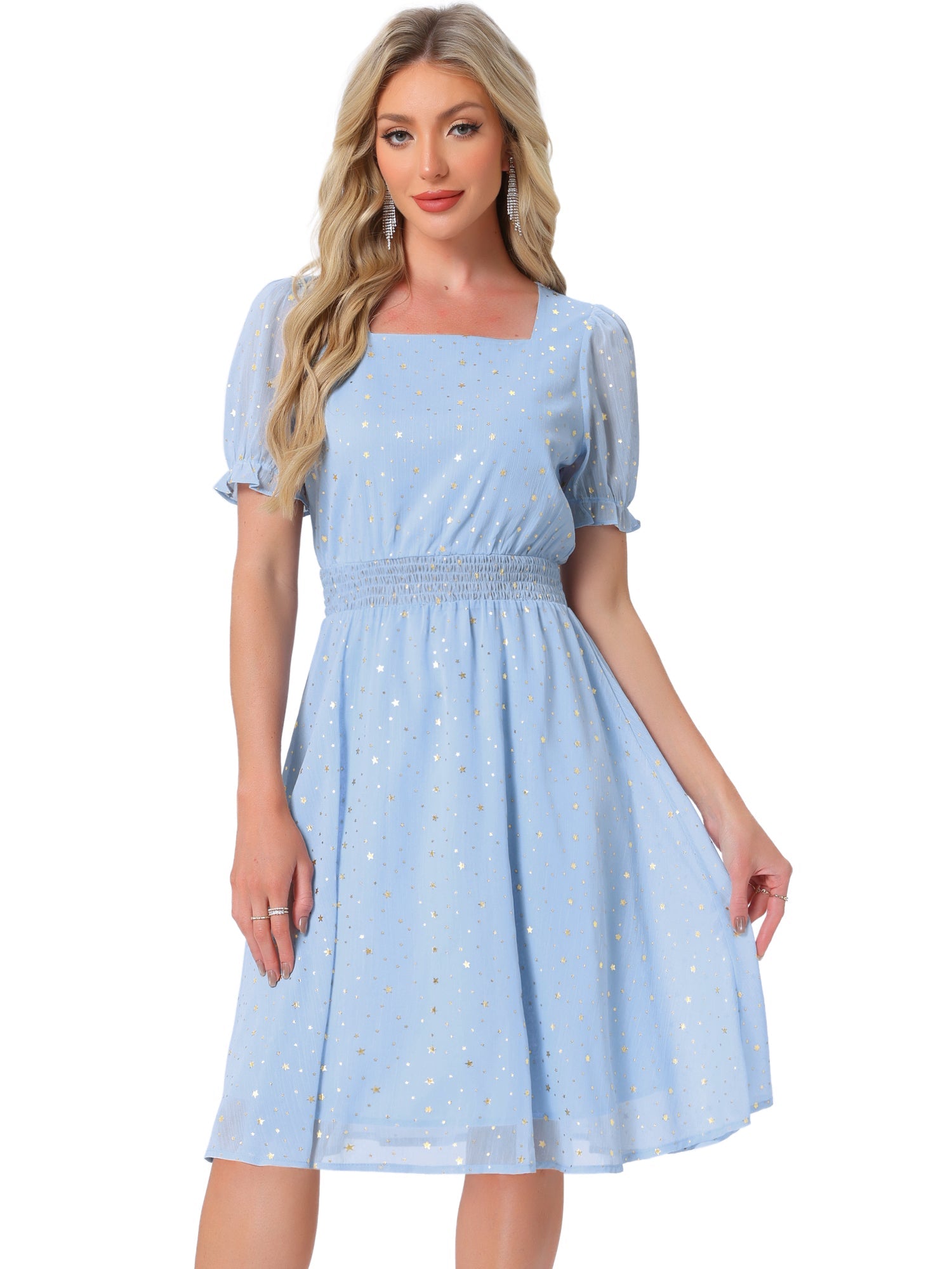 Square Neck Metallic Stars Ruffle Short Sleeve A-Line Smocked Waist Midi Dress