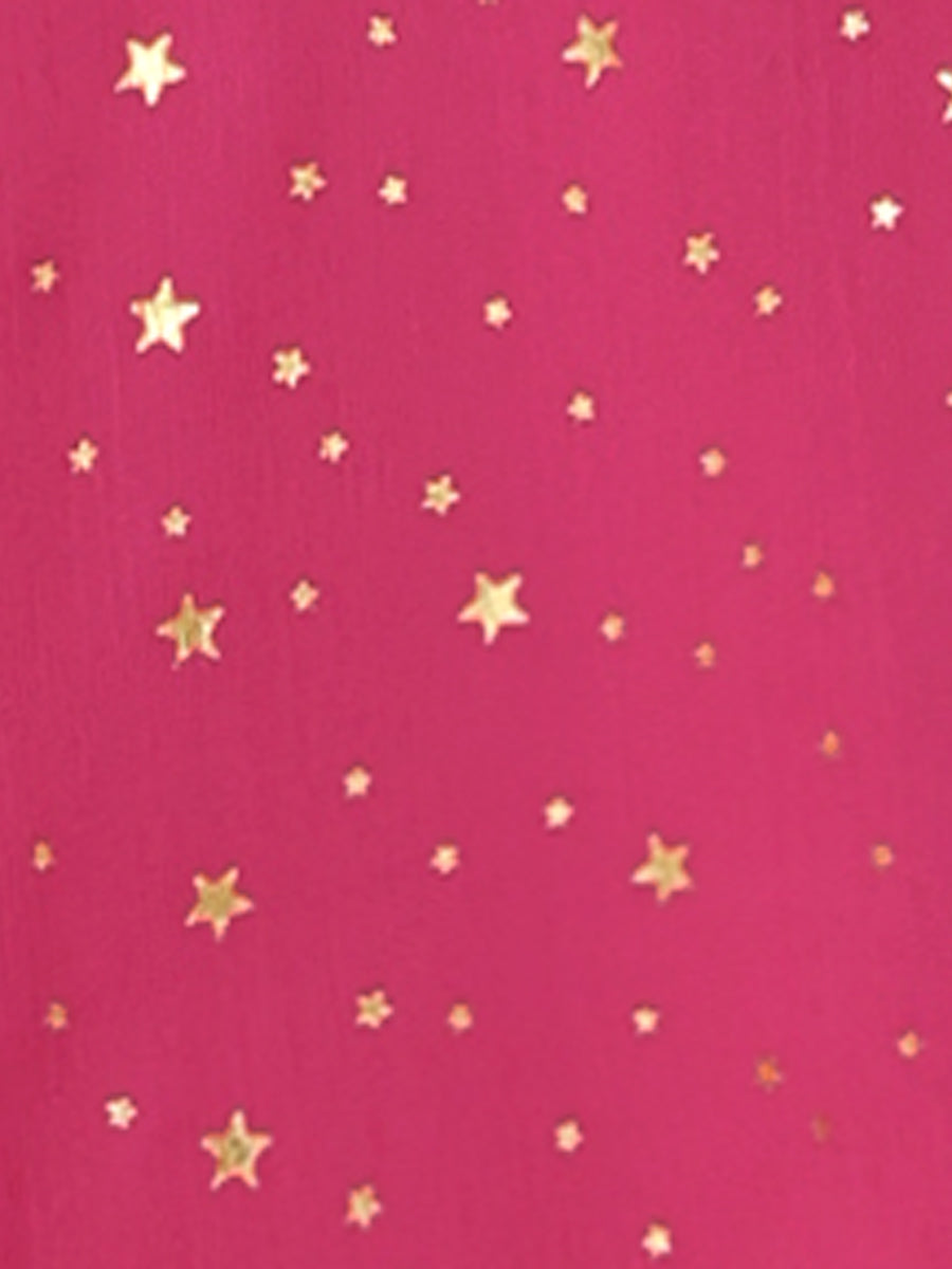 Square Neck Metallic Stars Ruffle Short Sleeve A-Line Smocked Waist Midi Dress