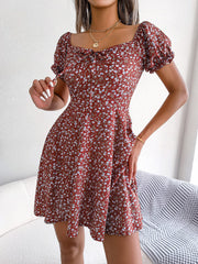Floral Puff Short Sleeves A-Line Mini Dress
