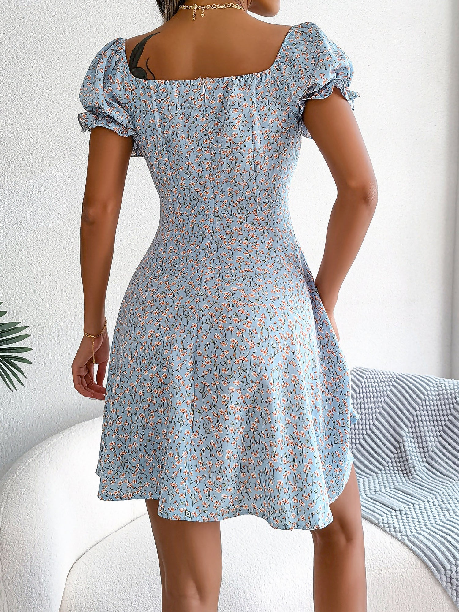 Floral Puff Short Sleeves A-Line Mini Dress