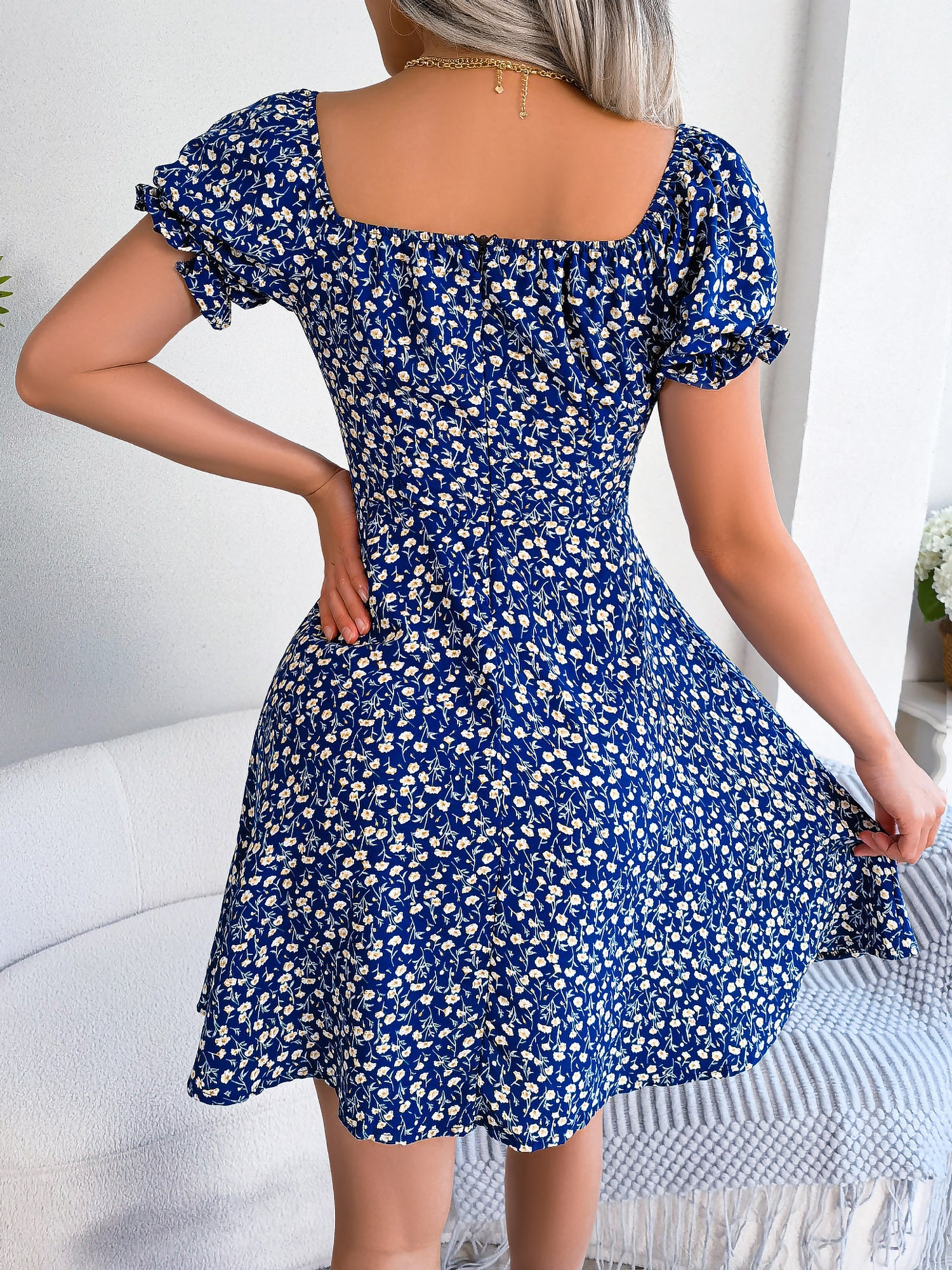 Floral Puff Short Sleeves A-Line Mini Dress