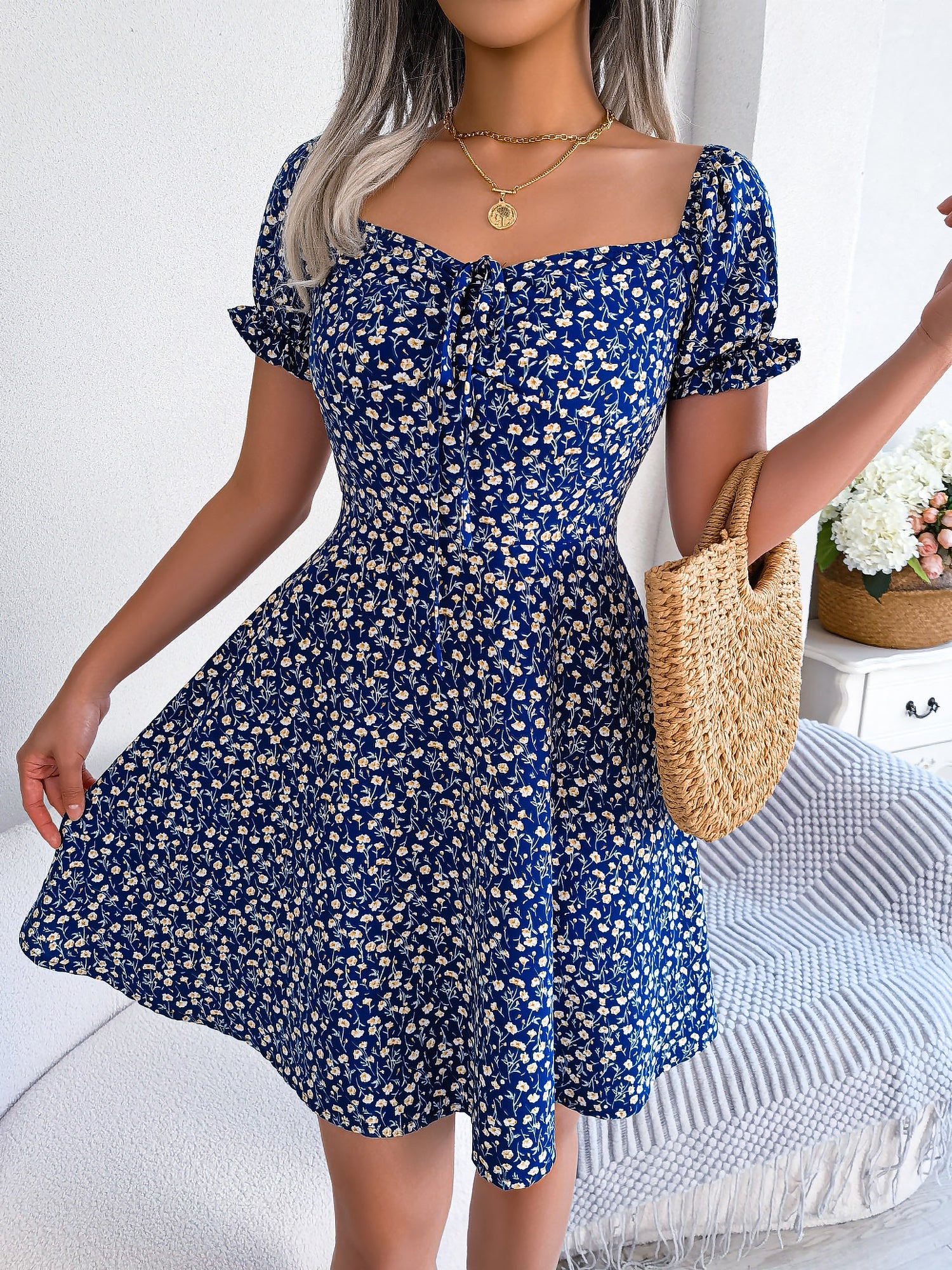 Floral Puff Short Sleeves A-Line Mini Dress