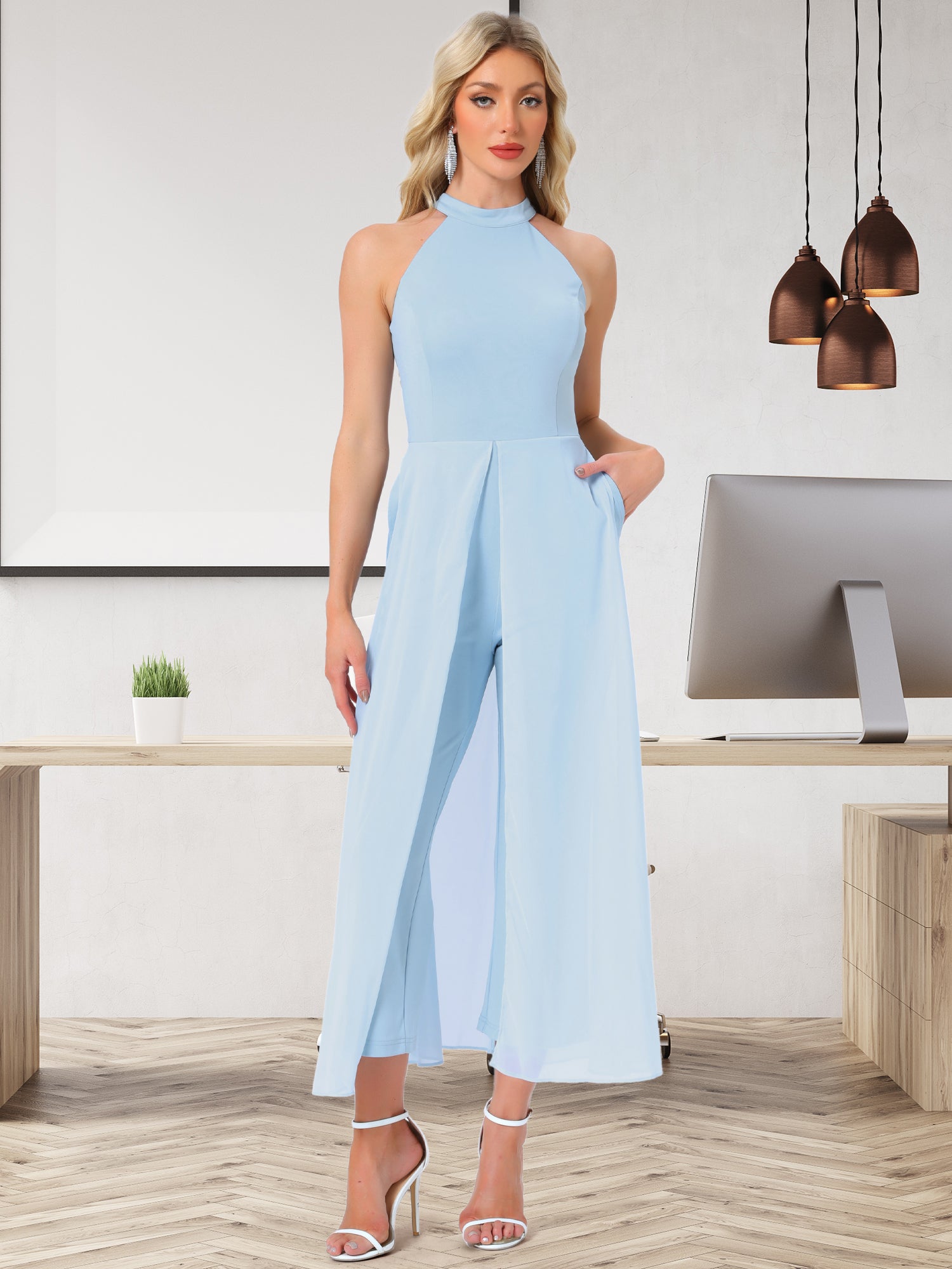 Sleeveless Halter Neck Belted Elegant Wedding Cocktail Dressy Jumpsuits