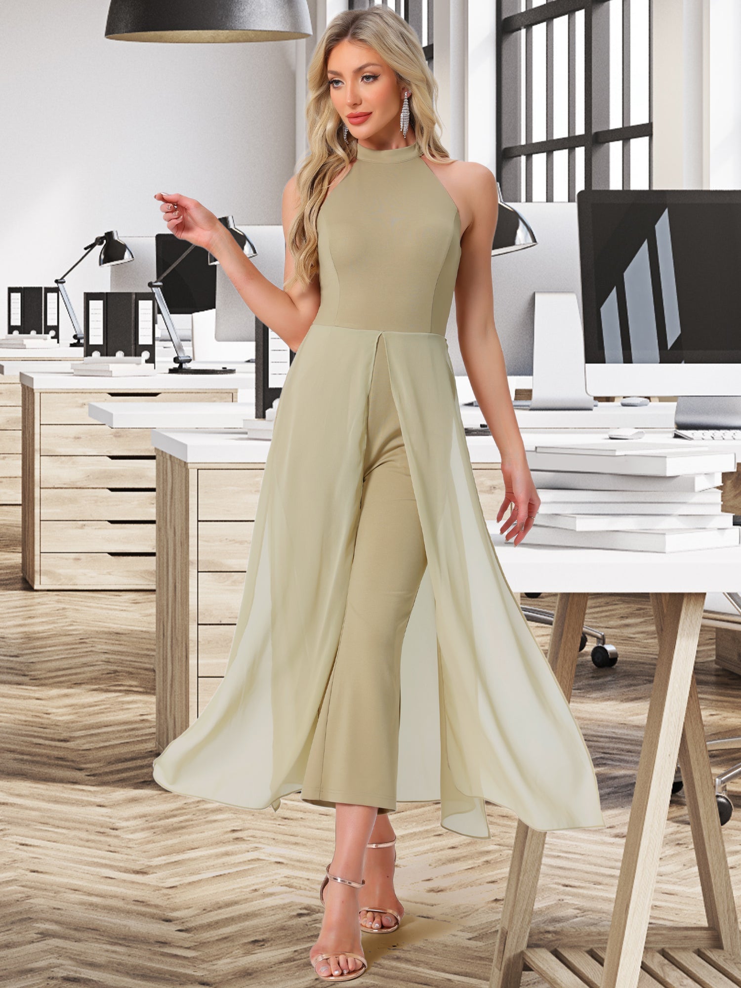 Sleeveless Halter Neck Belted Elegant Wedding Cocktail Dressy Jumpsuits