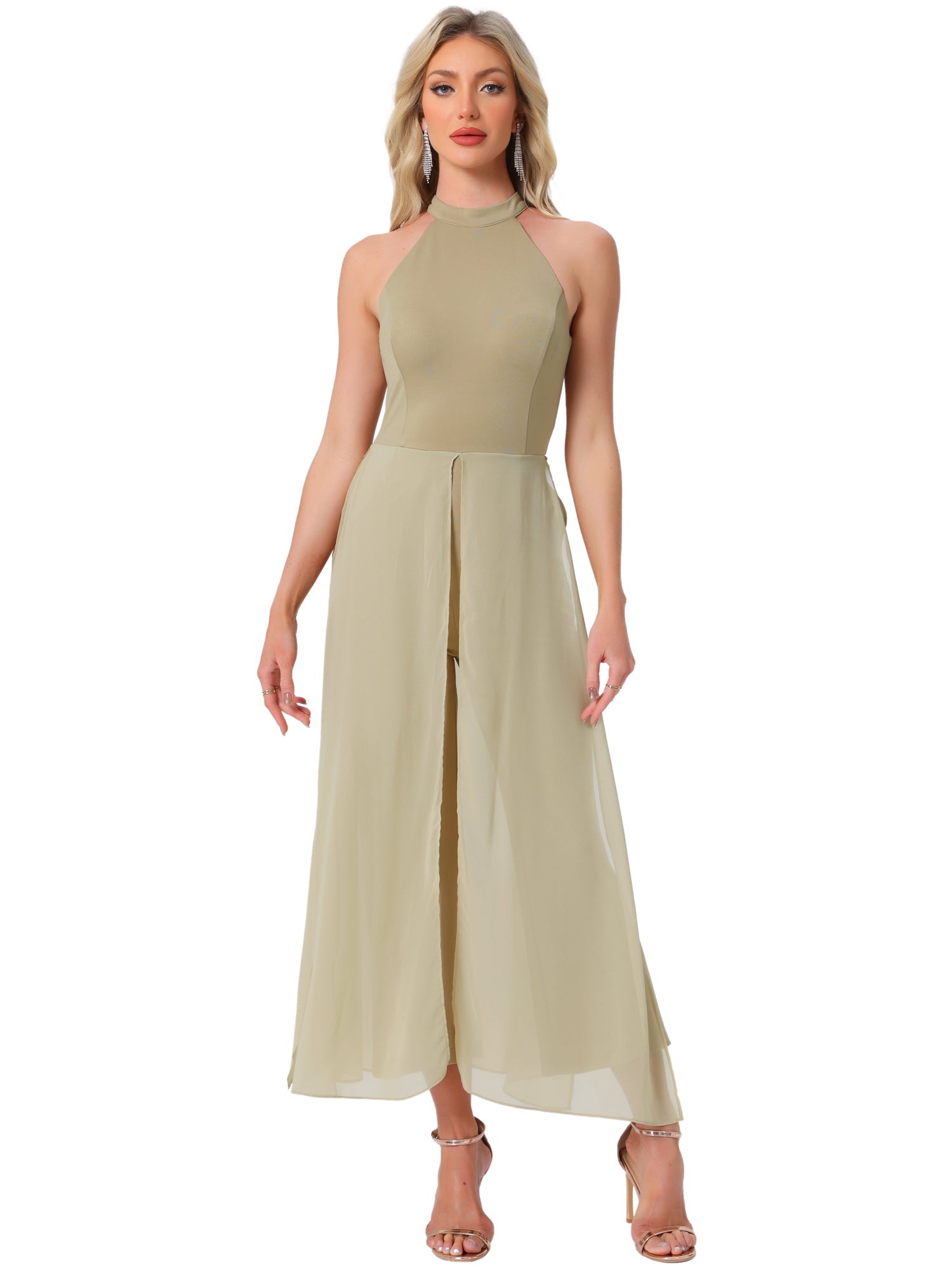 Sleeveless Halter Neck Belted Elegant Wedding Cocktail Dressy Jumpsuits