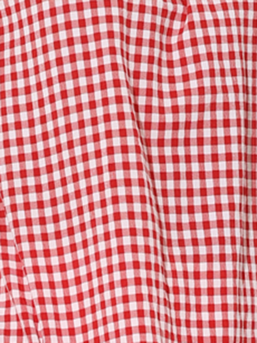 Square Neck Short Sleeves Gingham Plaid Blouse