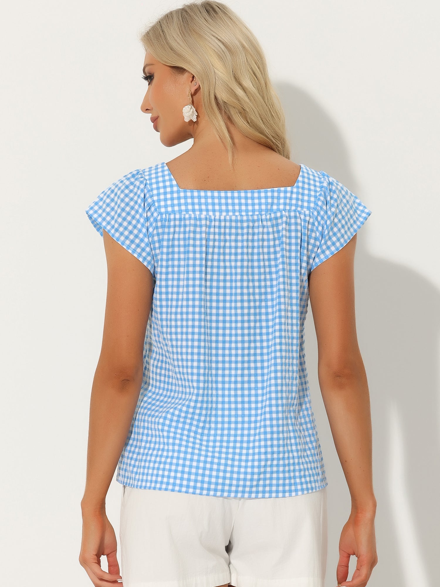 Square Neck Short Sleeves Gingham Plaid Blouse