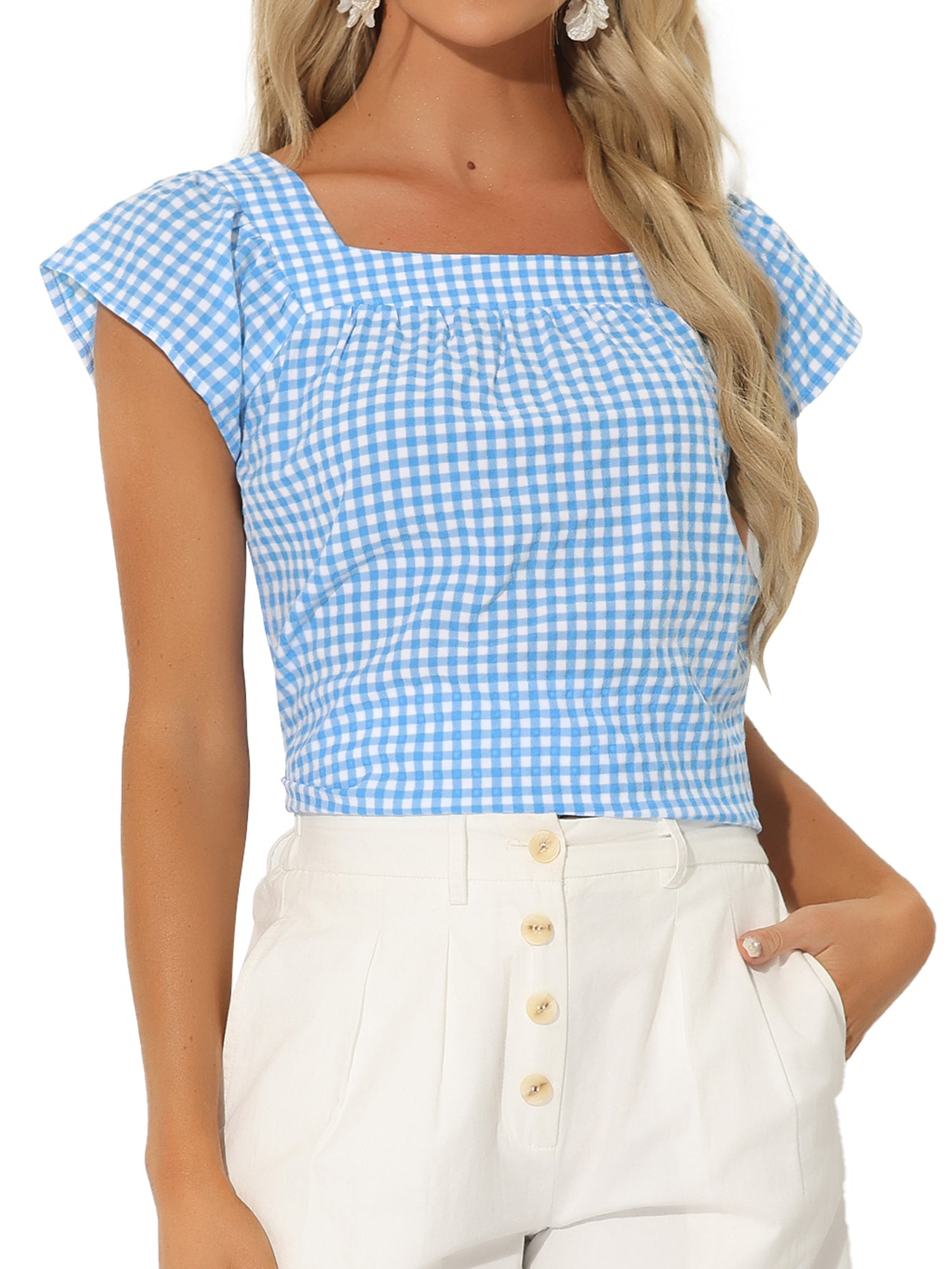 Square Neck Short Sleeves Gingham Plaid Blouse
