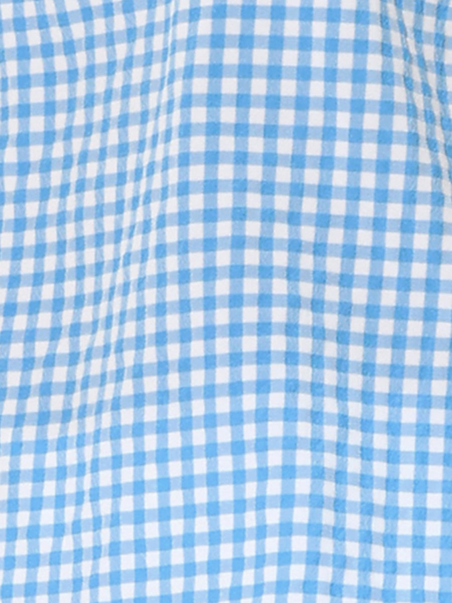 Square Neck Short Sleeves Gingham Plaid Blouse