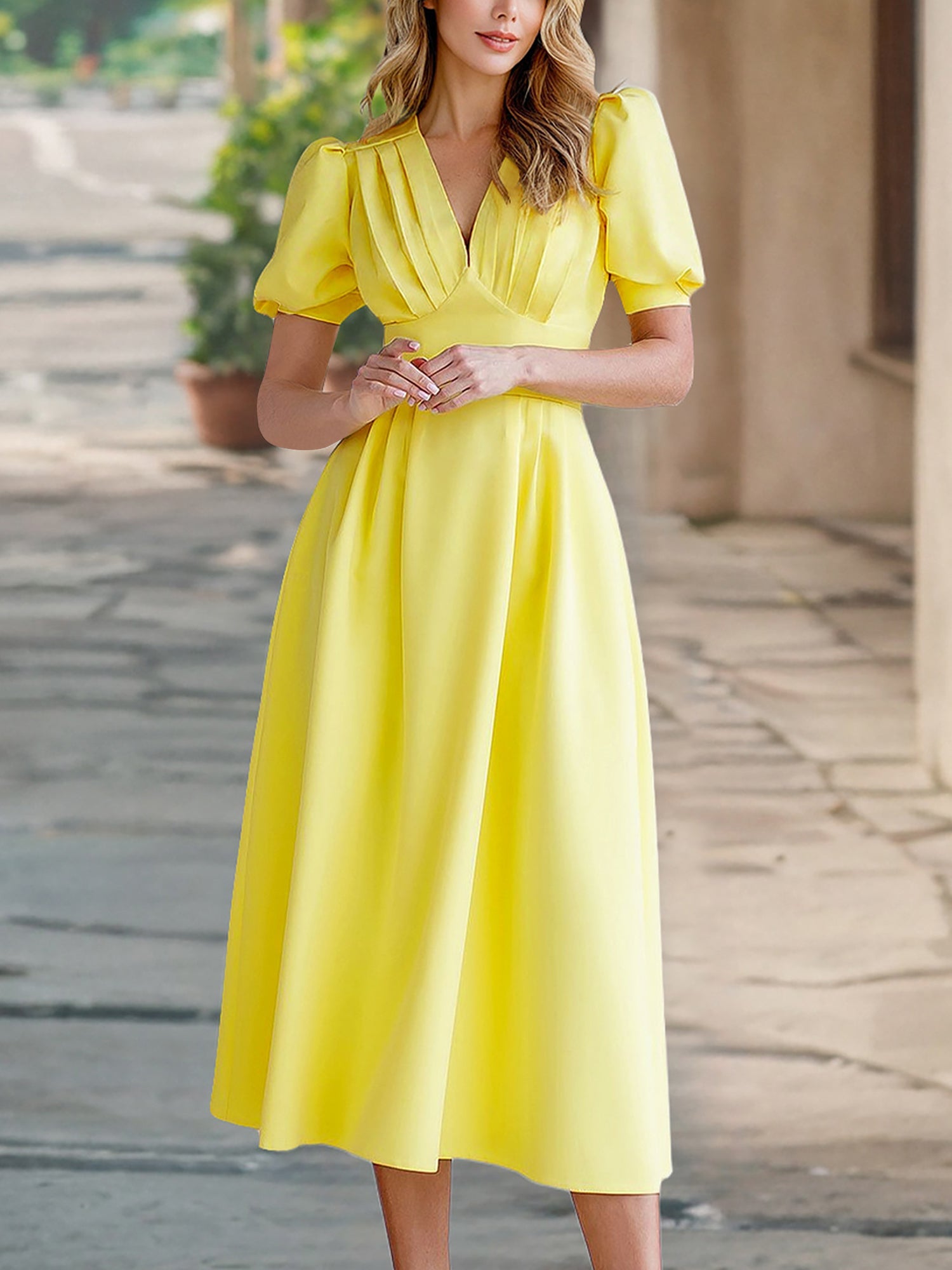 Solid Color Pleated V Neck Puff Sleeve Midi Dress