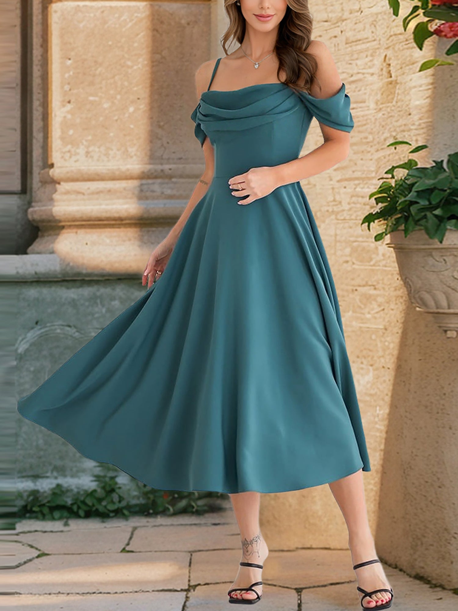 Elegant Cold Shoulder Spaghetti Strap Midi A-Line Off-Shoulder & Flared Silhouette Summer Dress