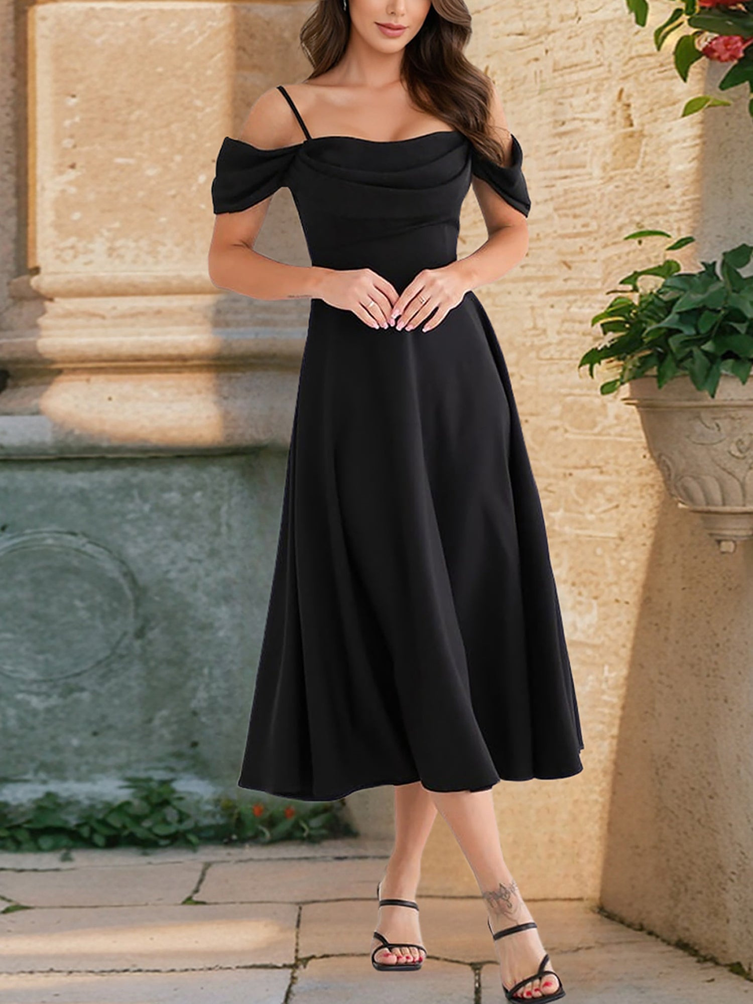Elegant Cold Shoulder Spaghetti Strap Midi A-Line Off-Shoulder & Flared Silhouette Summer Dress