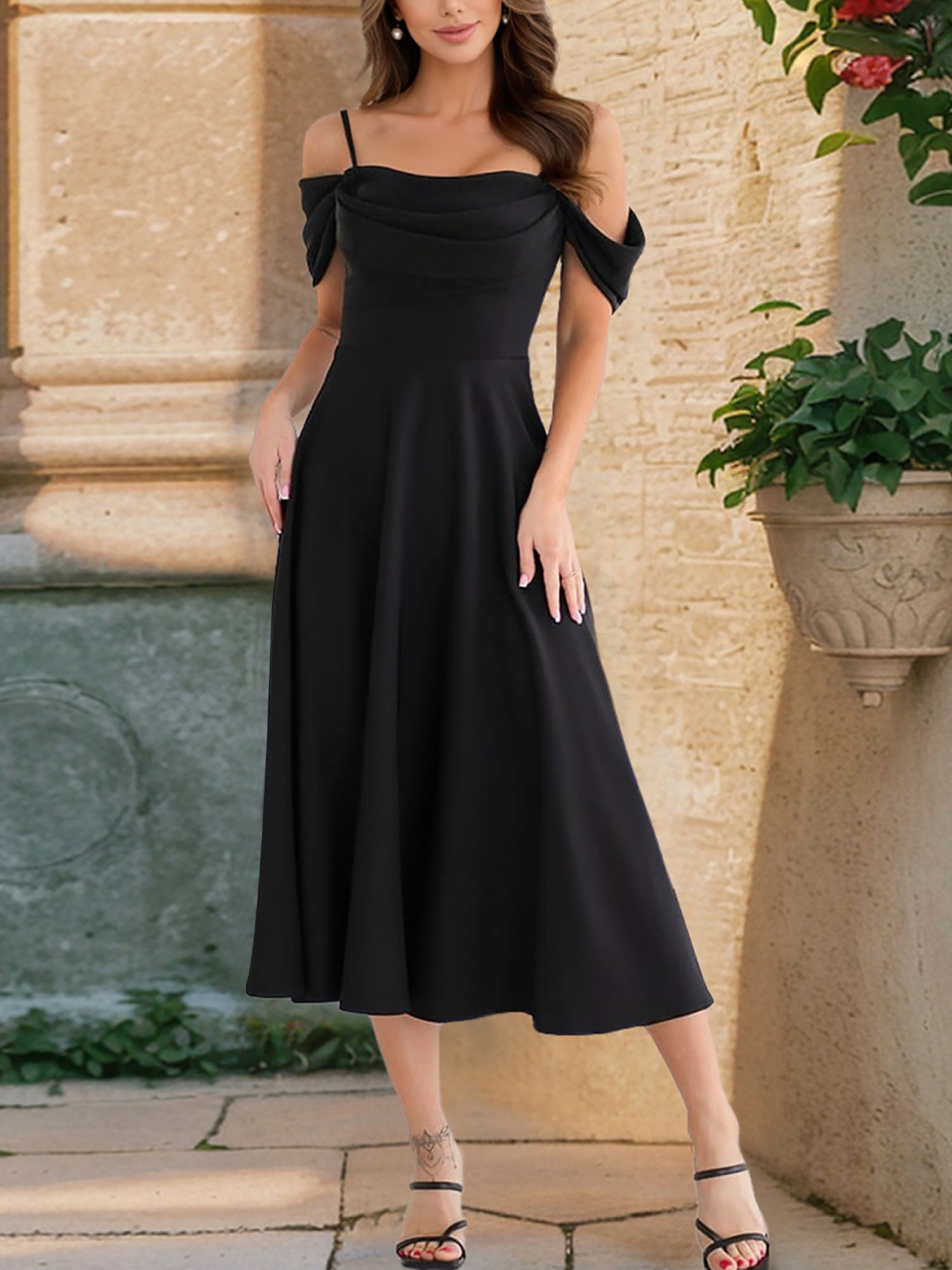 Elegant Cold Shoulder Spaghetti Strap Midi A-Line Off-Shoulder & Flared Silhouette Summer Dress