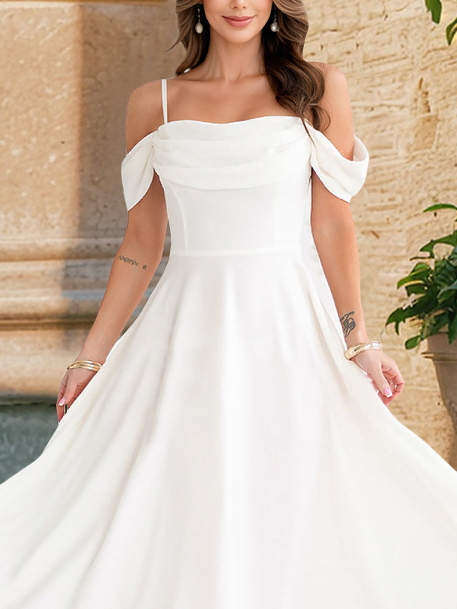 Elegant Cold Shoulder Spaghetti Strap Midi A-Line Off-Shoulder & Flared Silhouette Summer Dress