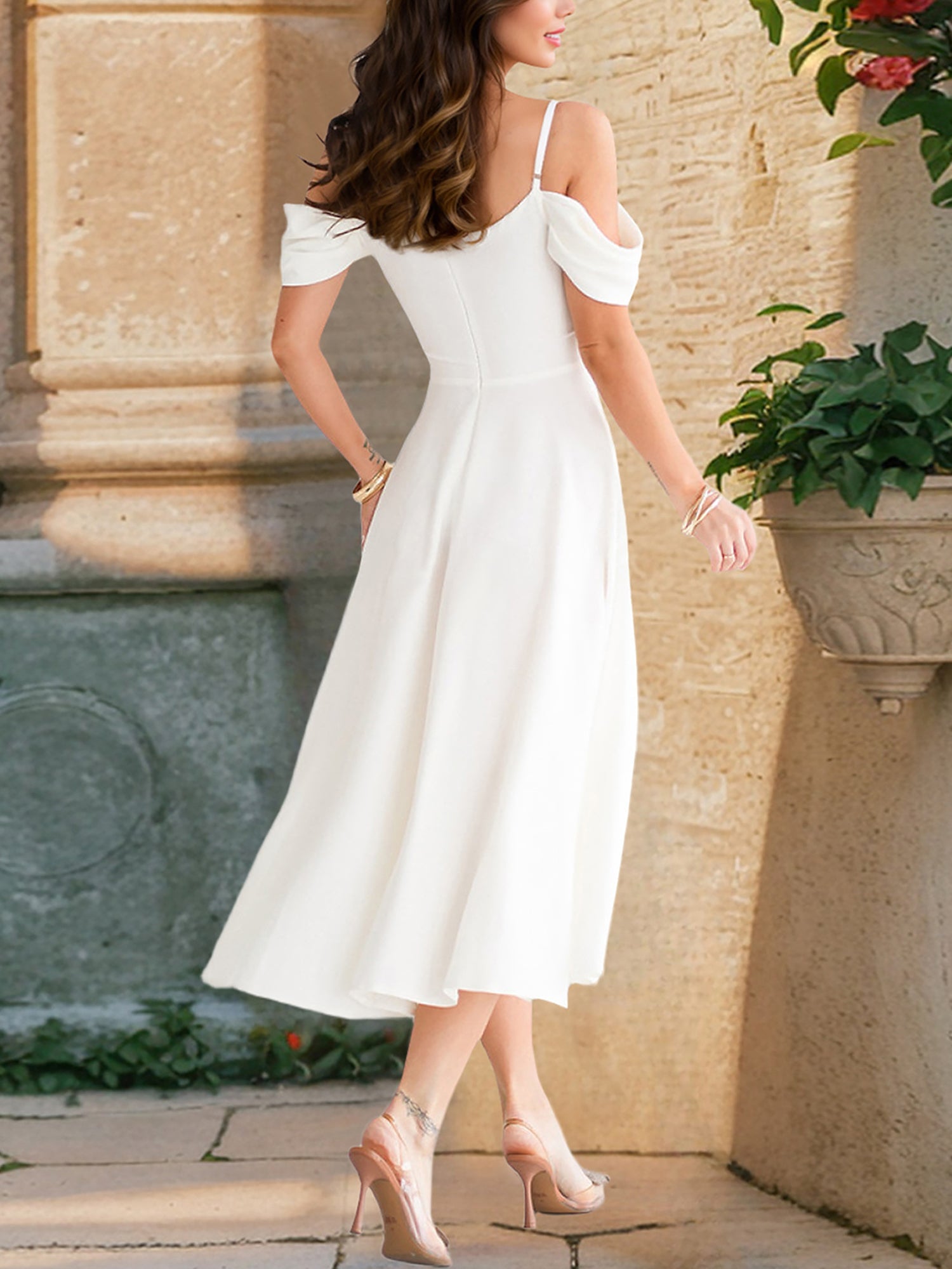 Elegant Cold Shoulder Spaghetti Strap Midi A-Line Off-Shoulder & Flared Silhouette Summer Dress