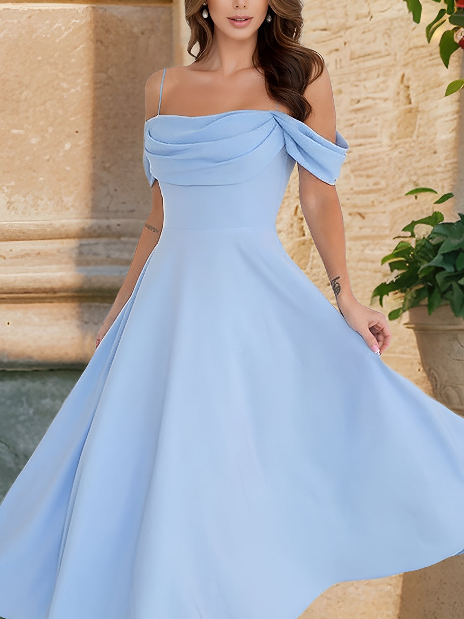 Elegant Cold Shoulder Spaghetti Strap Midi A-Line Off-Shoulder & Flared Silhouette Summer Dress