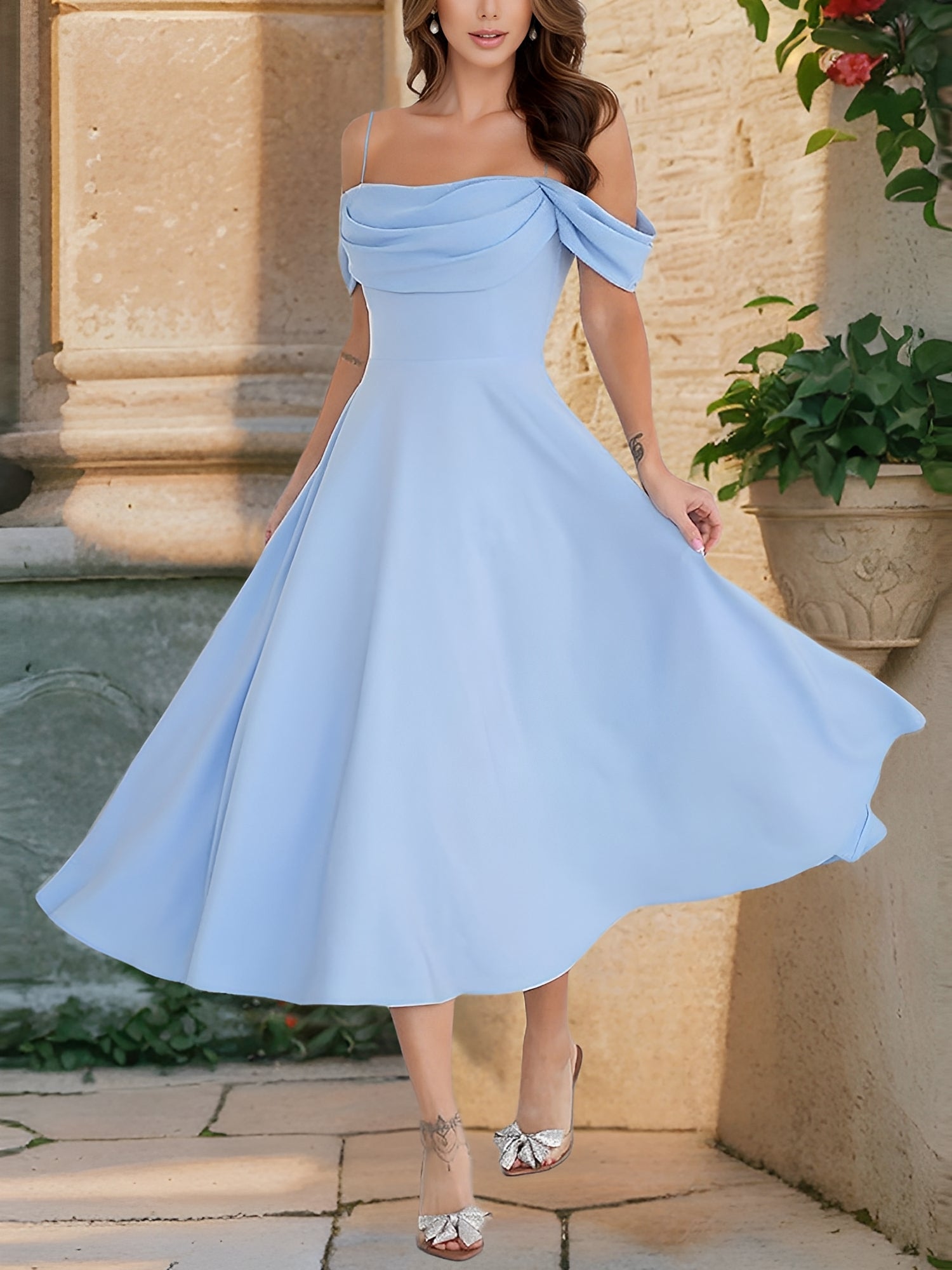 Elegant Cold Shoulder Spaghetti Strap Midi A-Line Off-Shoulder & Flared Silhouette Summer Dress