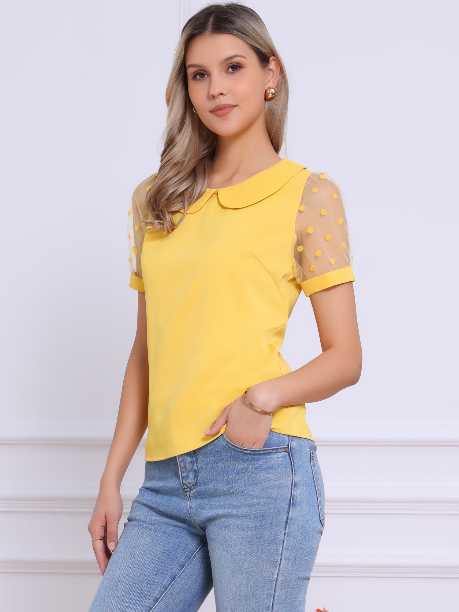 Peter Pan Collar Puff Mesh Short Sleeve Polka Dot Blouse