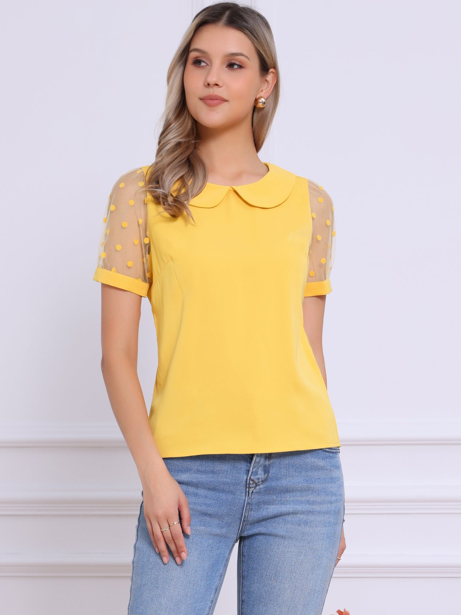 Peter Pan Collar Puff Mesh Short Sleeve Polka Dot Blouse