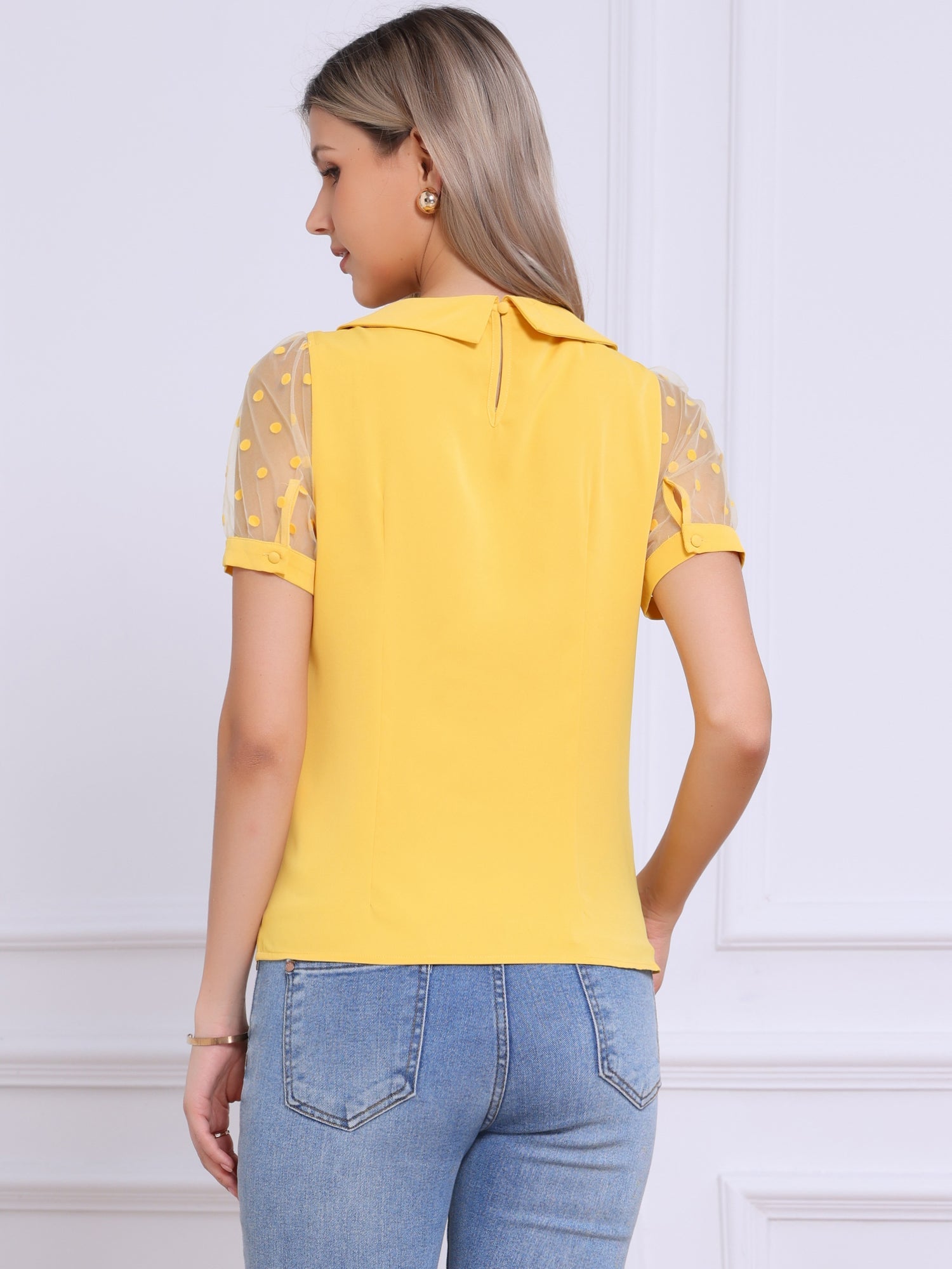 Peter Pan Collar Puff Mesh Short Sleeve Polka Dot Blouse