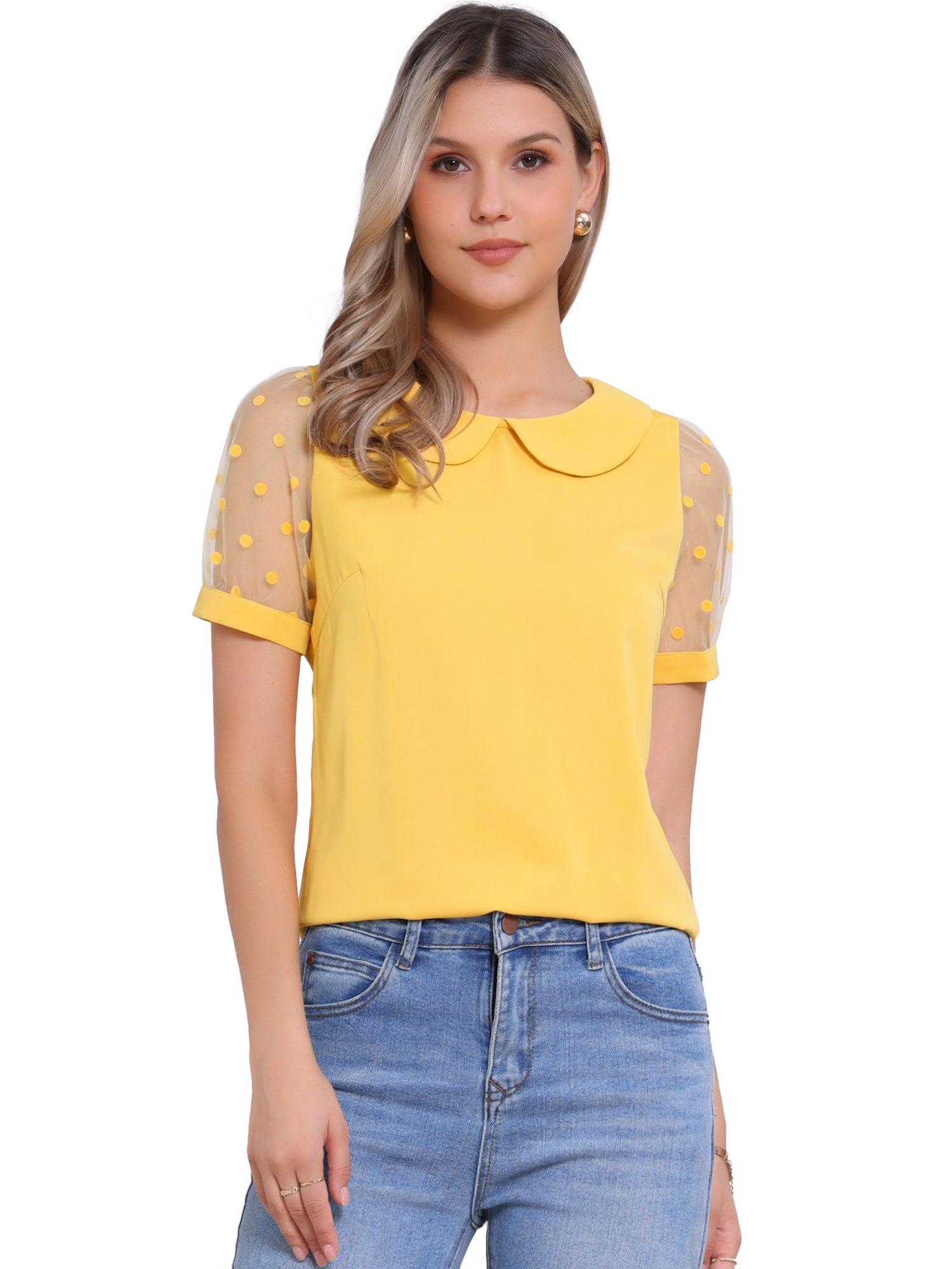 Peter Pan Collar Puff Mesh Short Sleeve Polka Dot Blouse