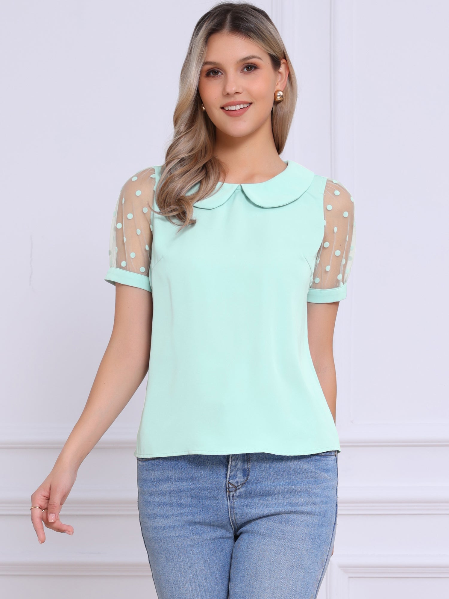 Peter Pan Collar Puff Mesh Short Sleeve Polka Dot Blouse