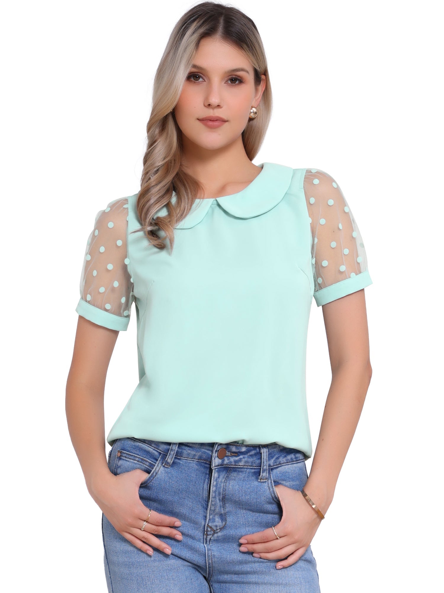 Peter Pan Collar Puff Mesh Short Sleeve Polka Dot Blouse