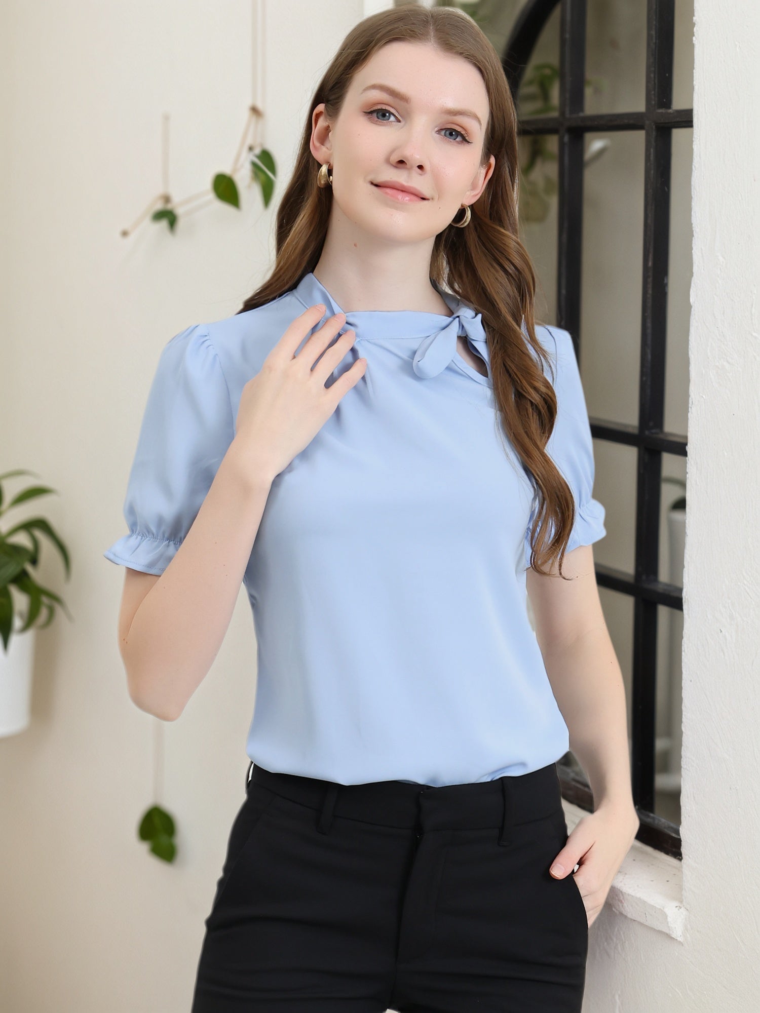 Bow Tie Neck Elegant Office Short Sleeve Blouse