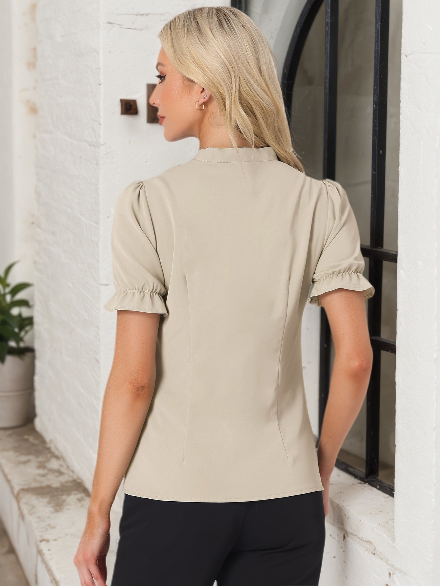 Bow Tie Neck Elegant Office Short Sleeve Blouse