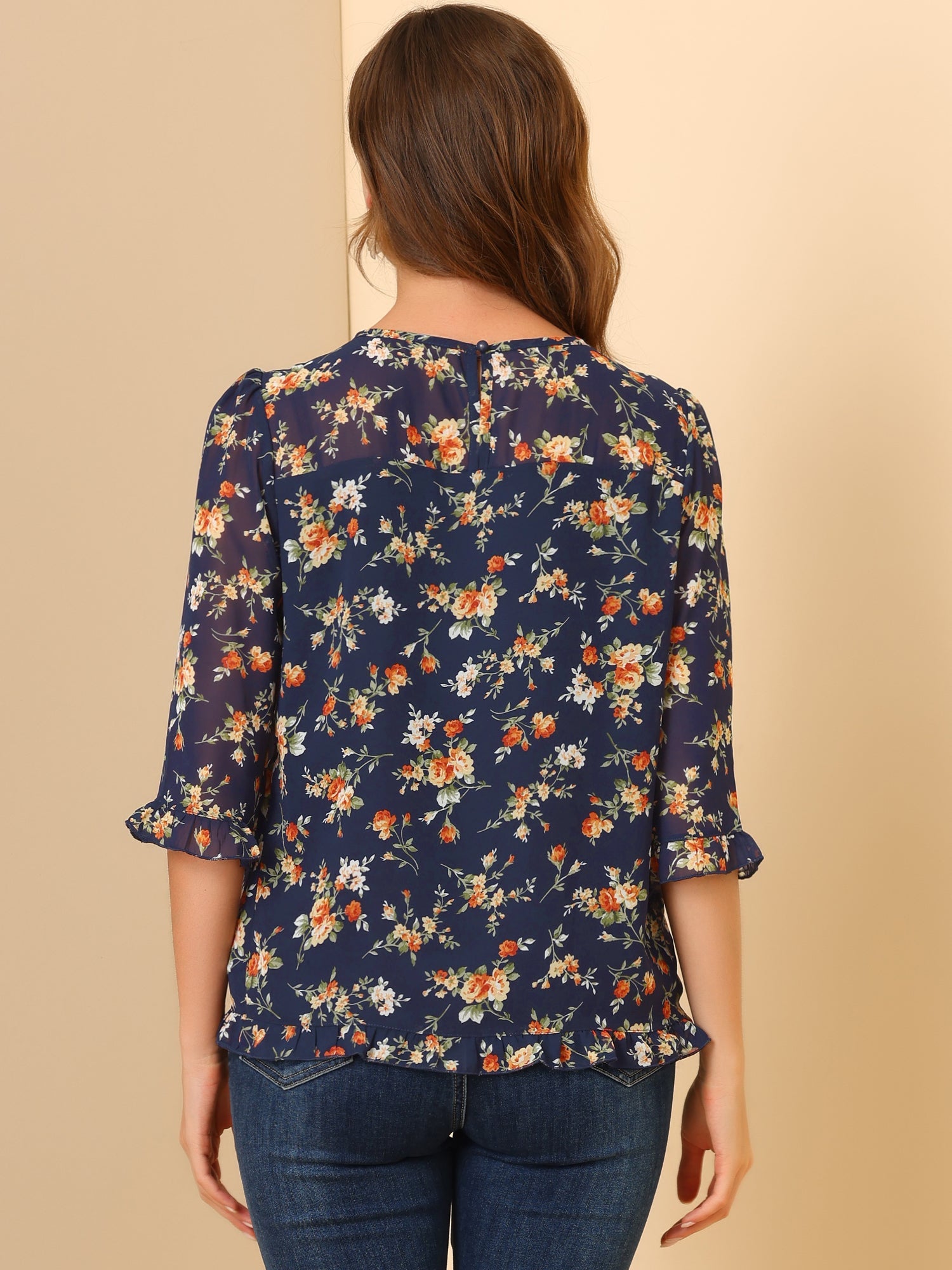Casual Ruffle 3/4 Sleeve Floral Print Chiffon Blouse