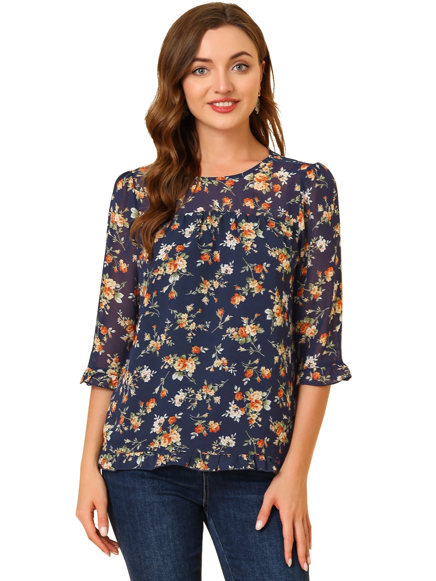 Casual Ruffle 3/4 Sleeve Floral Print Chiffon Blouse