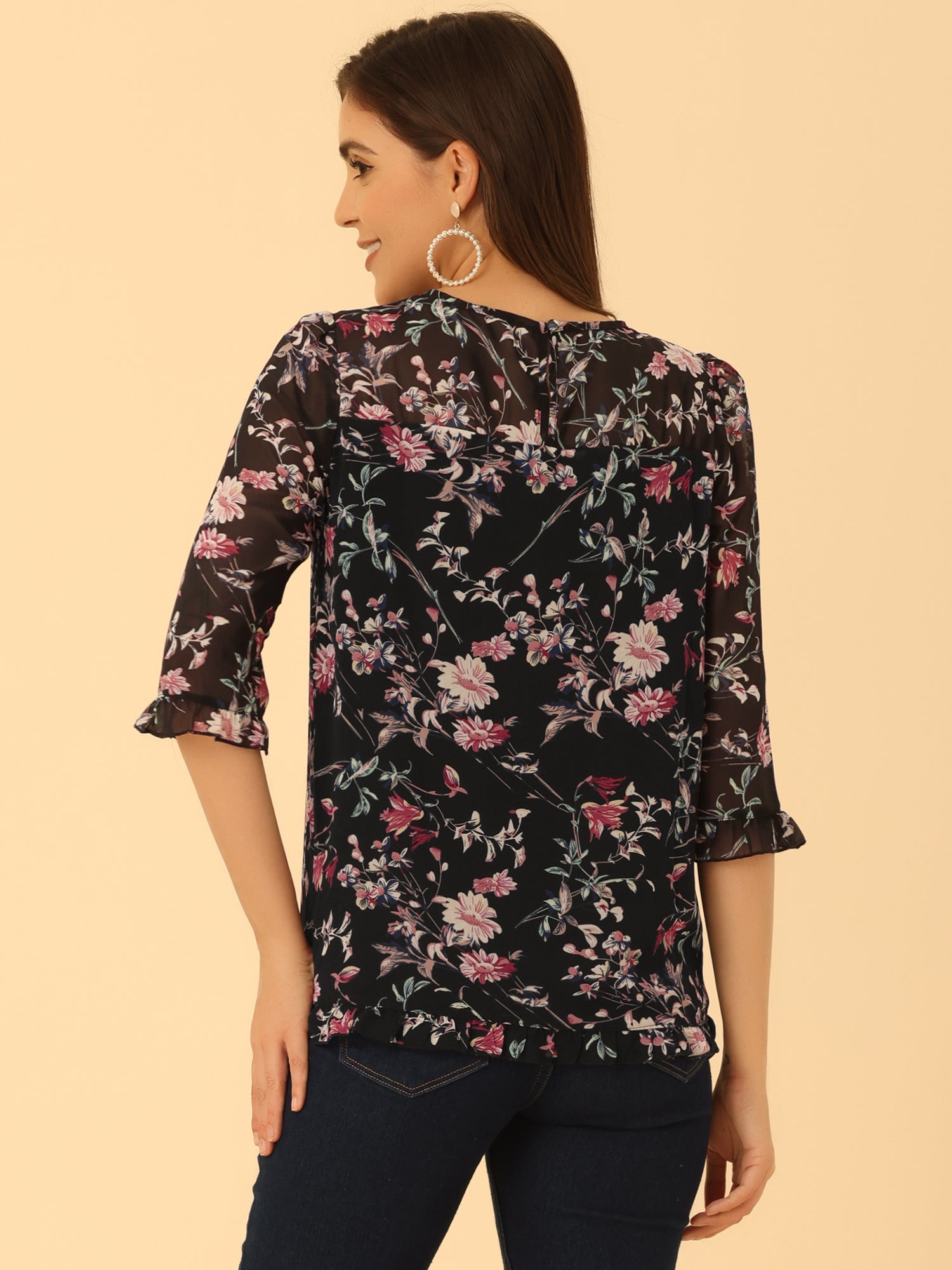 Casual Ruffle 3/4 Sleeve Floral Print Chiffon Blouse