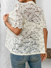 Lace Round Neck Short Sleeve Sheer Blouse