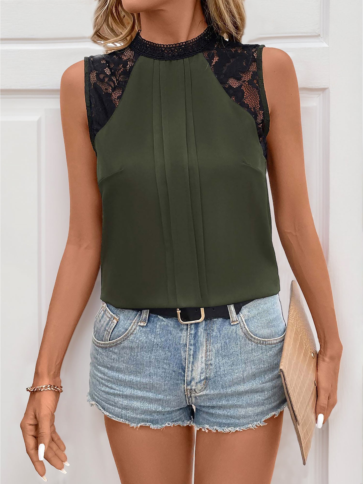Lace Patchwork Mock Neck Sleeveless Blouse