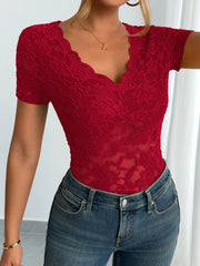 Solid Color Lace V Neck Short Sleeves Blouse
