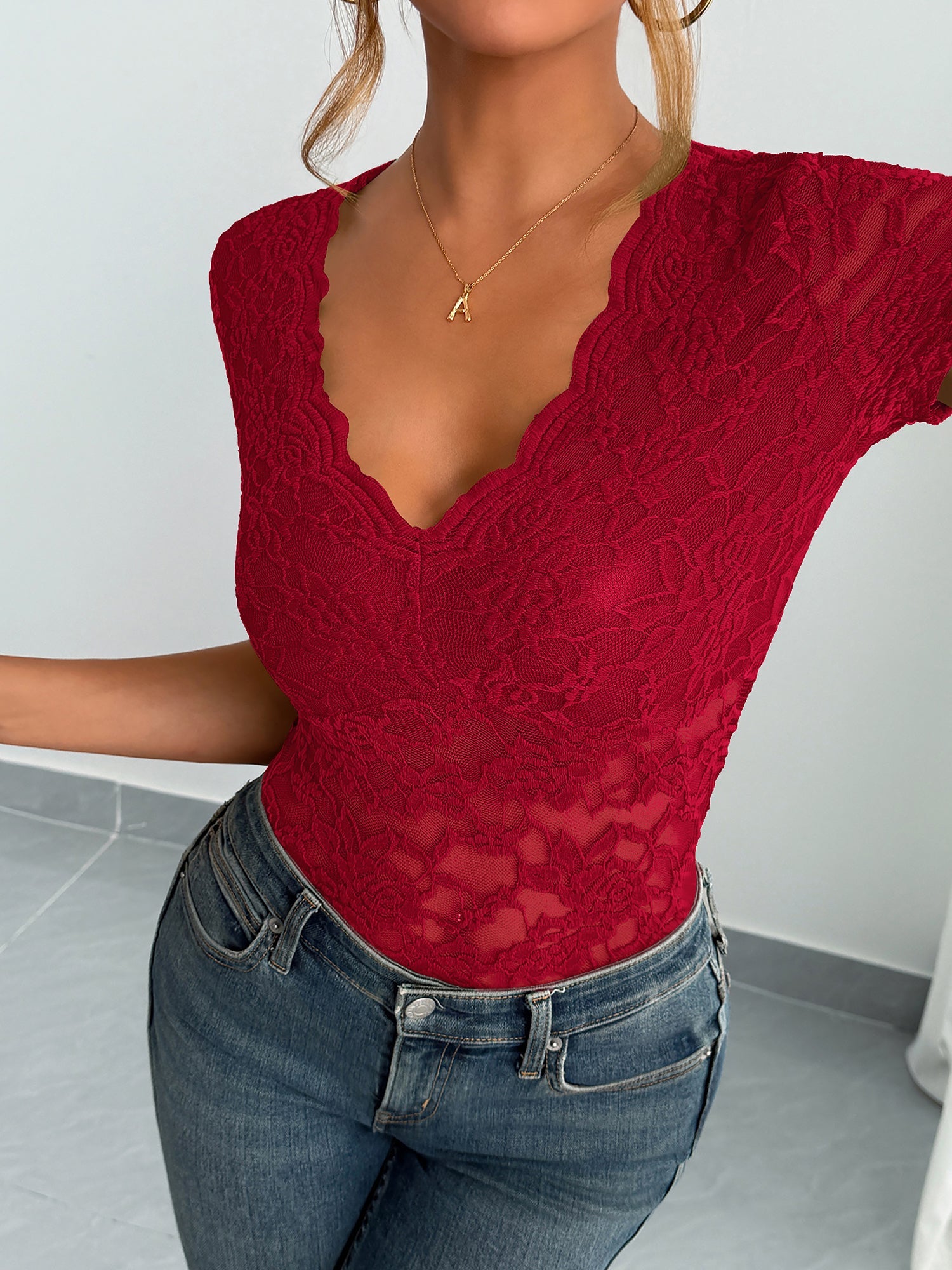 Solid Color Lace V Neck Short Sleeves Blouse