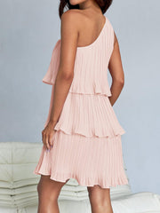 One Shoulder Pleated Ruffled Tiered Mini Dress