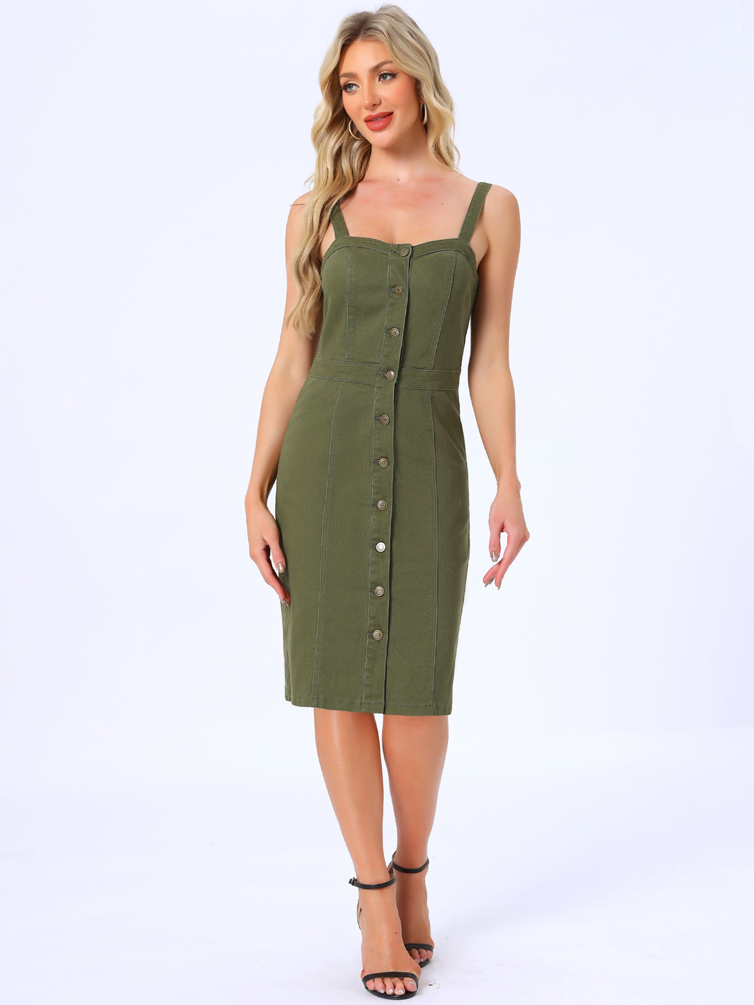 Button Down Denim Sleeveless Sweetheart Neck Jeans Dress