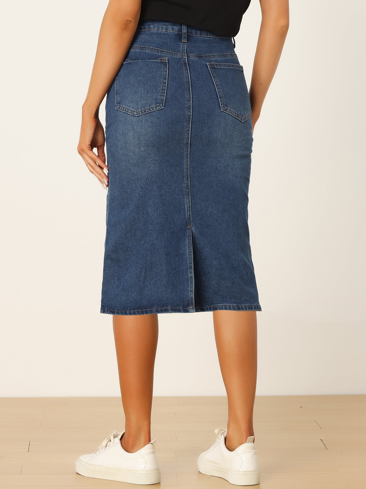 Casual Denim High Waist Stretchy Midi Pencil Jean Skirt