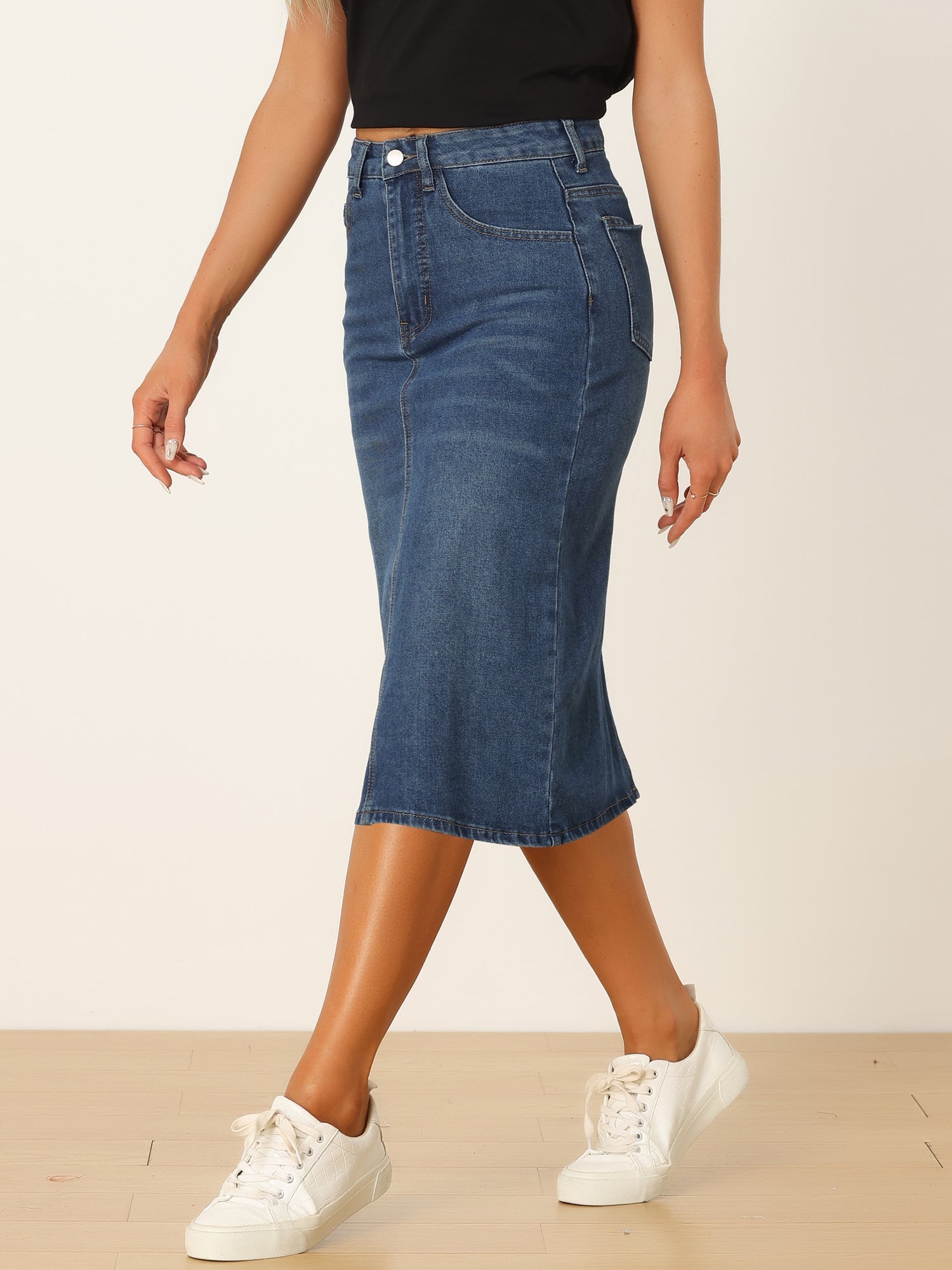 Casual Denim High Waist Stretchy Midi Pencil Jean Skirt