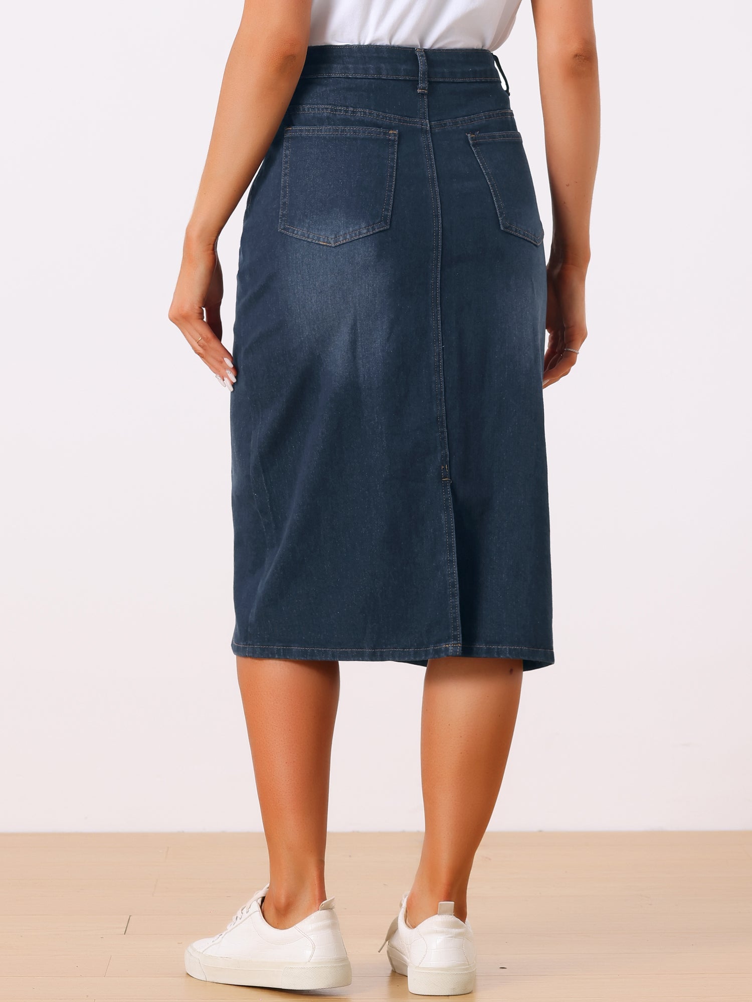 Casual Denim High Waist Stretchy Midi Pencil Jean Skirt