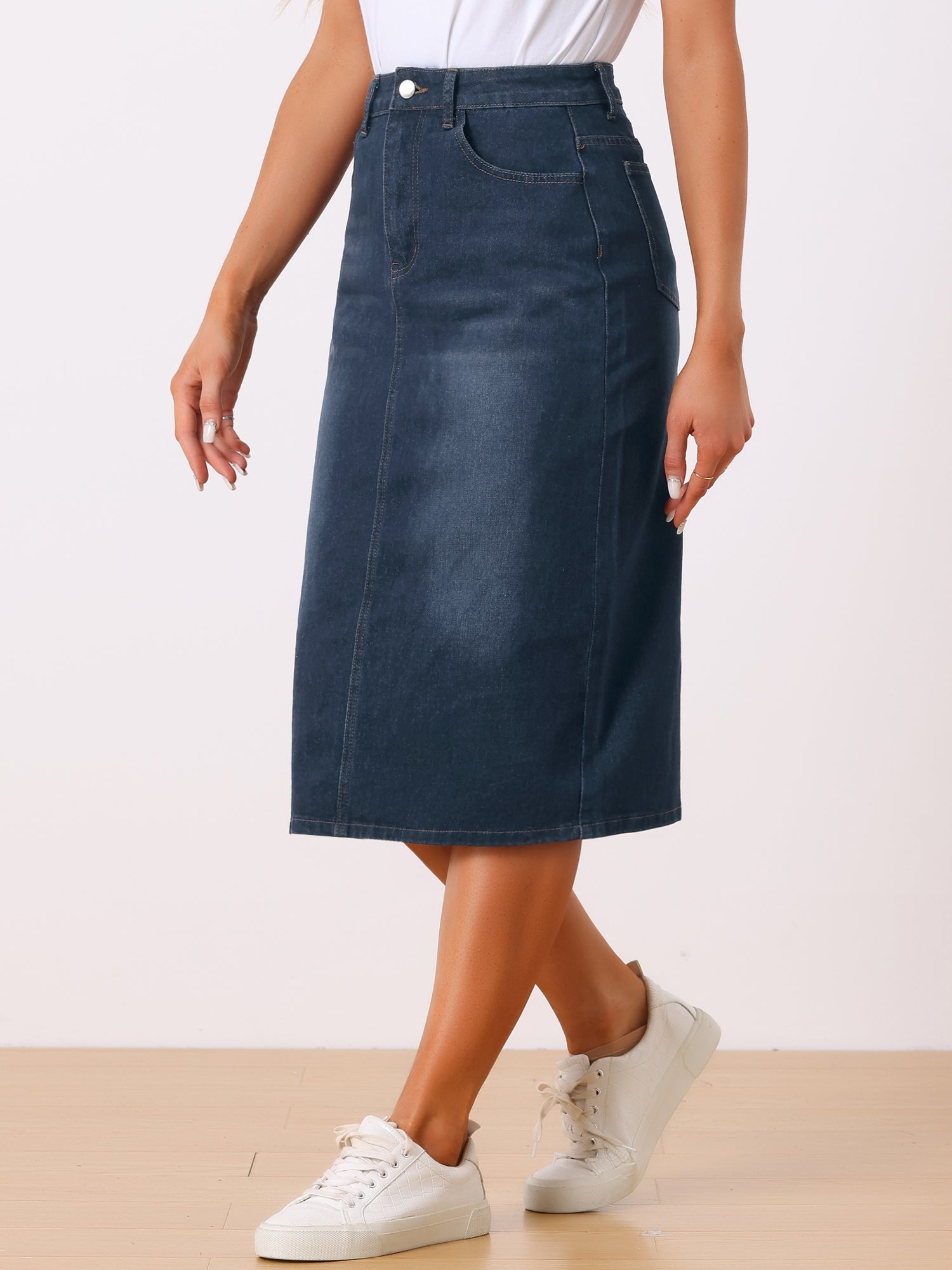Casual Denim High Waist Stretchy Midi Pencil Jean Skirt